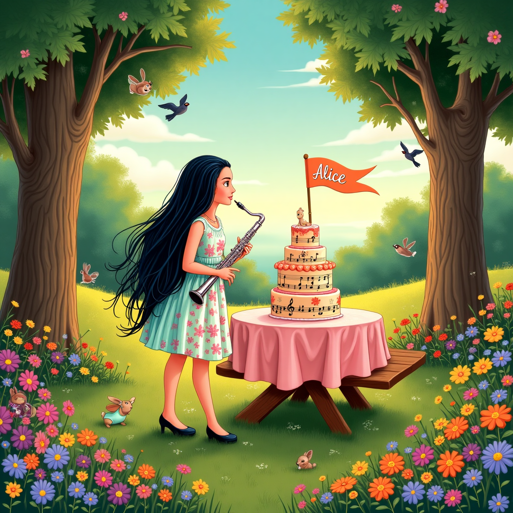 The scene is set in a whimsical garden bursting with vibrant colors and intricate details. Imagine a lush, sunlit meadow dotted with wildflowers in a range of colors—from deep purple and rich orange to bright yellow and soft pink. In the foreground, a picnic table, adorned with a floral tablecloth in pastel hues, serves as the centerpiece. Upon the table sits a multi-tiered birthday cake, whimsically decorated with musical notes and tiny gym weights made of fondant. The top tier of the cake features a small, elegantly piped name "Alice" in delicate, gold icing.

The girl of 31 years, Alice, stands beside the table. She has long, black, and straight hair cascading down her back, highlighted with subtle streaks of deep blue to add dimension. She is dressed in a vintage-inspired outfit: a playful yet elegant dress with a skirt adorned with sheet music patterns, and the top featuring a subtle, floral lace reminiscent of Beardsley's intricate line work. Her feet are clad in sleek, black ballet flats.

In her right hand, Alice holds a silver clarinet, detailed with realistic keys and levers. Her left arm is extended to display a lightweight, colorful gym towel draped over her shoulder, detailed with stripes of turquoise and coral. 

The background is a mix of Edward Gorey's fine line work and Maxfield Parrish’s luminescent sky. Tall trees border the meadow, with intricate bark and dense foliage, providing a backdrop of dappled greens. Above, the sky is a gradient from a golden sunset to a deep, twilight blue, scattered with fluffy, cotton-like clouds. A small banner flies gently in the breeze between two trees, with the word "Alice" written across it in flowing, cursive script.

In the distance, small woodland creatures gather—a nod to Beatrix Potter—rabbits, birds, and squirrels, all drawn with fine attention to detail. They add life to the scene, some peeking curiously at the festivities, others playfully scattered throughout the meadow. The entire scene is framed by a delicate border of intertwined vines and flowers, providing a finishing touch that captures both the elegance and whimsy of the moment.
Generated with these themes: A girl of 31 years with long, black and straight hair, who is a clarinet player and a gym enthusiast too.
Made with ❤️ by AI.