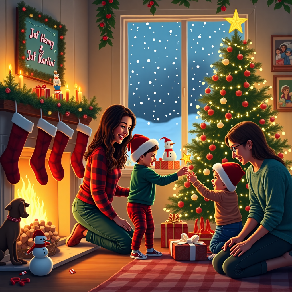 Picture a bustling Christmas living room scene, filled with a festive spirit and cozy warmth. At the heart of the room, there is a beautifully decorated Christmas tree adorned with twinkling fairy lights, shimmering tinsel, and a delightful mix of handmade and classic baubles. Beneath the tree, a pile of colorful, cheerfully wrapped presents await eager hands.

In the foreground, two women are caught in a moment of shared laughter. One has dark brown, long, wavy hair cascading down her back, dressed in a red and green plaid sweater, with her eyes sparkling as she helps a young child place a star atop the tree. Beside her, a woman with short, light brown hair wearing chic glasses and a cozy knitted sweater, is gently assisting another child in hanging a paper snowflake ornament. Both children, their faces aglow with joy and mischief, are donning Santa hats that are slightly askew.

Across the room, a fireplace crackles warmly, with stockings hanging, each one uniquely patterned and labeled with playful names. Above the mantelpiece, in a whimsical and heartfelt touch, a garland of red and green felt letters spells out "Juf Henny & Juf Kartini" in cheerful loops, winding through miniature holly leaves and berries. This vibrant display is illuminated by the gentle glow of nearby candles placed on the mantel.

In the background, a large window reveals a picturesque winter wonderland, with snowflakes gently falling against a backdrop of an evening sky transitioning to twilight. Peeking out from the frosted window pane is a snowman, decked out with a bright scarf and a hat, providing a nod to the playful spirit of the scene.

The room is alive with little details: a small dog curled up beside a soft, plaid blanket, a hot chocolate station complete with marshmallows and candy canes, and a series of family photos framed in holly-themed holders on the walls. The floor is scattered with toys, creating a realistic, lived-in holiday atmosphere.

This scene, vibrant and heartwarming, captures the essence of togetherness, with "Juf Henny & Juf Kartini" woven beautifully into the story of a Christmas card that will surely bring smiles to all who see it.
Generated with these themes: WoMan dark brown long hair, Woman short light brown hair glasse, and Children.
Made with ❤️ by AI.