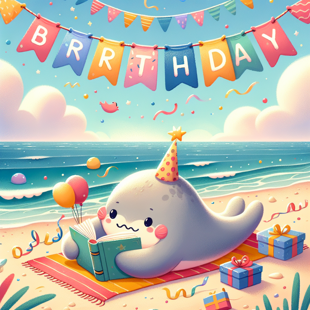 Create an illustration of a heartwarming birthday scene set on a beach. Depict a cute creature, not human nor animal but a figment of imagination, lying on a colorful beach towel. It should be fully absorbed in a captivating story that's open in a book it holds. Above, festive birthday banners naughtily dance in the coastal breeze. The serene ocean in the backdrop murmurs birthday wishes, its waves harmoniously aligning with the celebratory mood. The environment should carry a vibe of joyous tranquility under a mellow sky, populated with a flock of birds, their chirps commingling into a melody of happy birthday.
Generated with these themes: Lying on a beach, and Reading a book.
Made with ❤️ by AI.