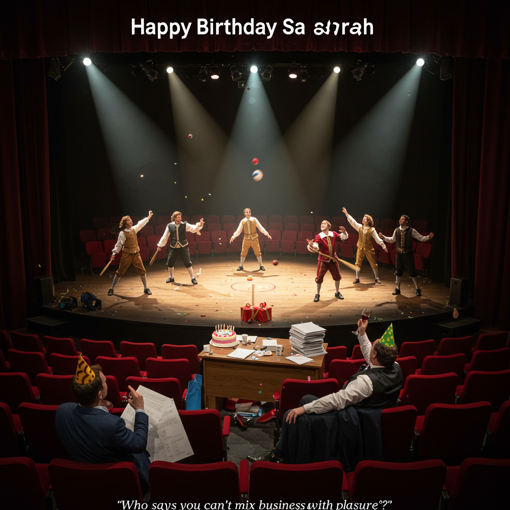 At the top of the Photorealistic picture taken from a camera image, "Happy Birthday Sarah".

---

A lively scene set inside a dimly-lit theater, with plush red velvet seats arranged in a semi-circle. In the center, a rounders game is unexpectedly taking place on stage. Actors dressed in full Shakespearean costume swing playfully at invisible balls, their expressions hilariously exaggerated. The spotlights cast dynamic shadows, adding depth to the whimsical chaos.

In the foreground, a desk from a typical office setting is humorously misplaced on stage. It's cluttered with birthday confetti, a half-eaten cake, and a precarious stack of office paperwork. A lone employee, still in his office attire but wearing a party hat, clutches a rounders bat in one hand and a glass of wine in the other, mid-cheer.

The text at the bottom, in a whimsical font, reads: "Who says you can't mix business with pleasure?!"
Generated with these themes: Theatre rounders drinking desk job , and .
Made with ❤️ by AI.