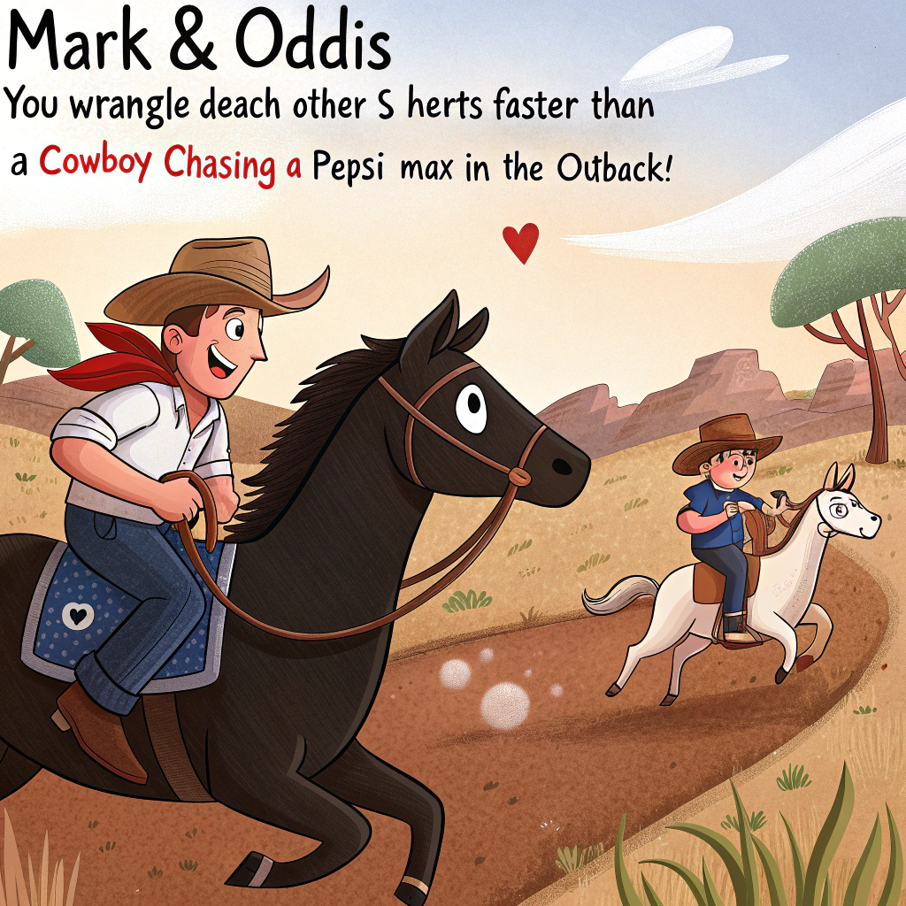 At the top of the image, "Mark & Oddis: You wrangled each other’s hearts faster than a cowboy chasing a Pepsi Max in the Outback!"

— The scene features a whimsical illustration of two handsome cartoon cowboys — one Black and one White — riding side-by-side on a black horse and a brown horse. They're wearing matching hats and loving smirks, riding through the rugged Australian Outback with cartoonish kangaroos in the distance waving them off. Behind them is a charming vintage camper parked beside a sparkling creek with a small bonfire and two camping mugs labeled “M+O”.

— A cheeky black puppy and an energetic Jack Russell leap and play in the grass around their boots, trailing tiny “Just Married” cans from their tails.

— Majestic purple-blue mountains tower in the background, with a romantic cruise ship dreamily floating in a distant fjord-like river that twists behind the hills, winking at their next adventure.

— Hidden somewhere in the illustration: a cheeky bottle of Pepsi Max with tiny cartoon legs sprinting after the cowboys, desperately trying to keep up.

— The mood is romantic-meets-ridiculous: a love story that's gone camping with cowboy hats, outback vibes, and sugar-free soda dreams.
Generated with these themes: Black horse, Brown horse, Black man, White man, Camping, Pepsi max, Australia, Cruise, Mountains, Black puppy , Jack russell, Cowboys, and Outback.
Made with ❤️ by AI.