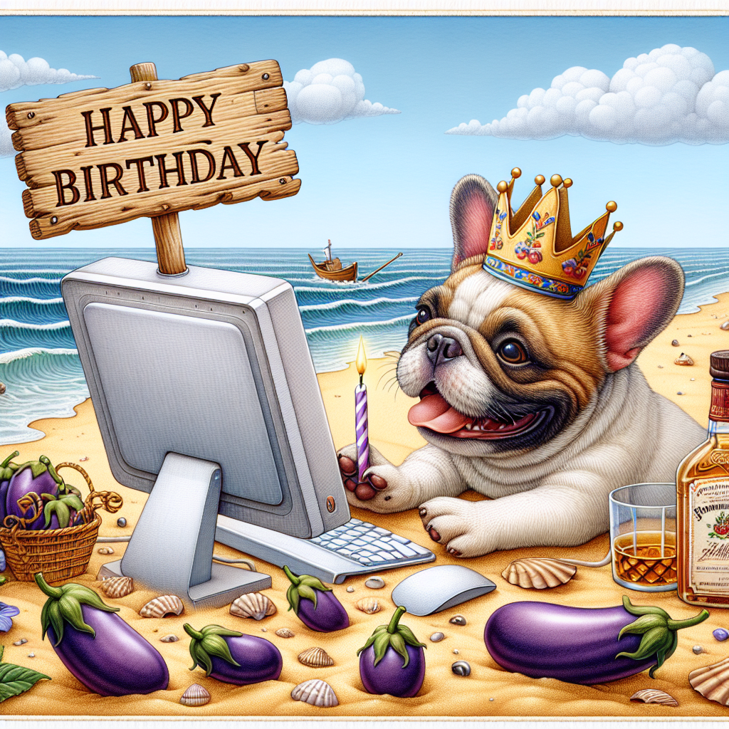 Create a heartwarming birthday scene set on a quaint beach. A joyous French bulldog is the center of attention, wearing a festive birthday crown and lightly touching a computer with its paw. The computer's screen jubilantly displays the words 'Happy Birthday'. The sandy beachscape is playfully decorated with aubergines and shells. Behind the bulldog, cleverly incorporate a bottle of whiskey into the scene as a driftwood sign. The gentle waves of the ocean and the clear blue sky amplify the celebratory atmosphere of the illustration.
Generated with these themes: French bulldog, Whiskey, Computers, Beach, and Aubergine.
Made with ❤️ by AI.