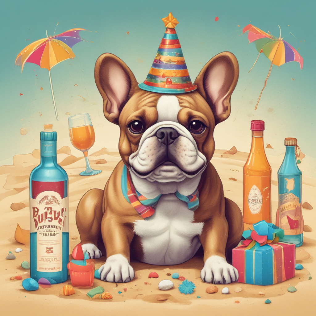 Illustration Cute, Create an illustration that is filled with birthday-themed elements. At the center of this picture, put a playful French bulldog wearing a colorful party hat, signifying a sense of celebration. The bulldog is seen next to a bottle of whiskey, half-buried in sand, bringing in the feeling of a peaceful beach atmosphere. Feature a state-of-the-art desktop computer in the image, detailed with birthday streamers on its edges, indicating the blend of modern technology in celebratory customs. To add an element of humor, include aubergines shaped like balloons. These aubergine balloons are floating above the festive scene, augmenting the birthday cheer.
Generated with these themes: French bulldog, Whiskey, Computers, Beach, and Aubergine.
Made with ❤️ by AI.
