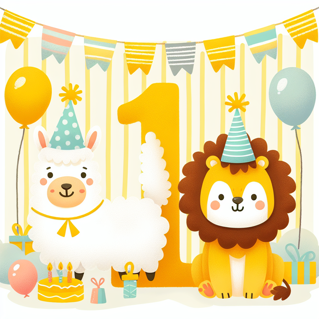 Create a cute illustration appropriate for a 1st birthday party. The visual centerpiece should be a friendly lion and a cozy llama, both wearing party hats. They should appear cheerful and in a celebratory mood, surrounded by a festive backdrop painted in yellow stripes. Scattered around the animals, include balloons and the number '1' symbolizing the special first year of life. Combine these elements to create a joyful and fun-themed birthday scene.
Generated with these themes: Llama, lion, yellow, stripes, 1st birthday .
Made with ❤️ by AI.