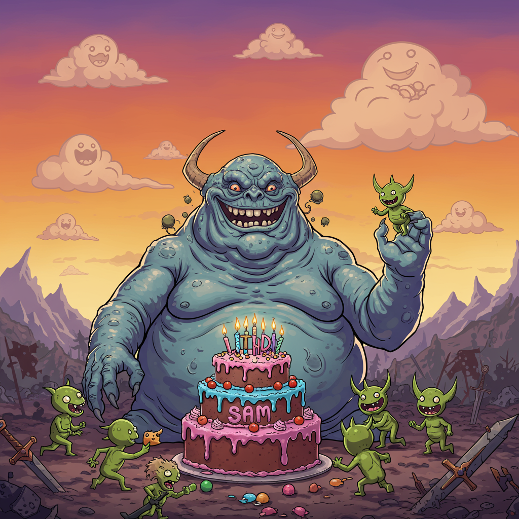 **Front Cover Design for Birthday Greeting Card:**

**Main Scene:**

1. **Characters:**
   - **Great Unclean One:** Depict this creature with exaggerated, cartoonish features reminiscent of Charles Schulz's Peanuts or Bill Watterson's Calvin and Hobbes style. It should be large and comically grotesque, with bulbous eyes, a wide grin with oversized teeth, and overly rounded, blobby limbs.
   - **Nurglings:** These small, mischievous minions scuttle around the Great Unclean One. Render them with a blend of Osamu Tezuka’s manga flair and the whimsical quirkiness of Gary Larson’s The Far Side. They should appear vibrant with an olive green hue, giggling as they help in mischief.

2. **Birthday Cake:**
   - Positioned in front of the Great Unclean One, the cake should be towering and multi-layered with a somewhat gooey, melting appearance. Decorate it with bright, cheerful colors—bubblegum pink frosting, electric blue icing swirls, and orange candy stars. On the top layer, the word "Sam" should be clearly written in bold, swirly purple icing.

**Background:**

1. **Setting:**
   - The backdrop features a cartoonishly stylized war-torn landscape inspired by Hergé’s Tintin with a twist of Winsor McCay's dream-like scenes. Jagged, pastel-colored hills, speckled with blotches of dark purple and green, serve as a contrasting backdrop.
   - Scatter cartoonish elements of Warhammer, like miniatures of broken swords and shields, in the foreground with exaggerated and rounded edges for a softer look.

2. **Sky:**
   - The sky is a gradient of orange to violet, reminiscent of a surreal sunset. Stylized clouds shaped like chubby Nurglings drift across, and one of them has “Sam” subtly carved into its puffy form in the manner of Art Spiegelman's expressive lettering.

**Other Elements:**

1. **Banner:**
   - A tattered but vividly colored banner waves above the cake. It reads “Happy Birthday” in a playful font that combines the classic lettering styles of Will Eisner and R. Crumb, with exaggerated loops and curves.

2. **Color Palette:**
   - Utilize a bright and eclectic palette, focusing on vibrant greens, purples, pinks, and blues, combined with softer pastel shades to keep the cartoonish feel lighthearted and engaging. 

This design should bring together the fantastical elements of Warhammer with the charm of classic cartoon and comic art styles, creating a humorous and visually dynamic birthday card front cover.
Generated with these themes: Warhammer, Nurgle, Great unclean one , Nurgling , and Birthday cake .
Made with ❤️ by AI.