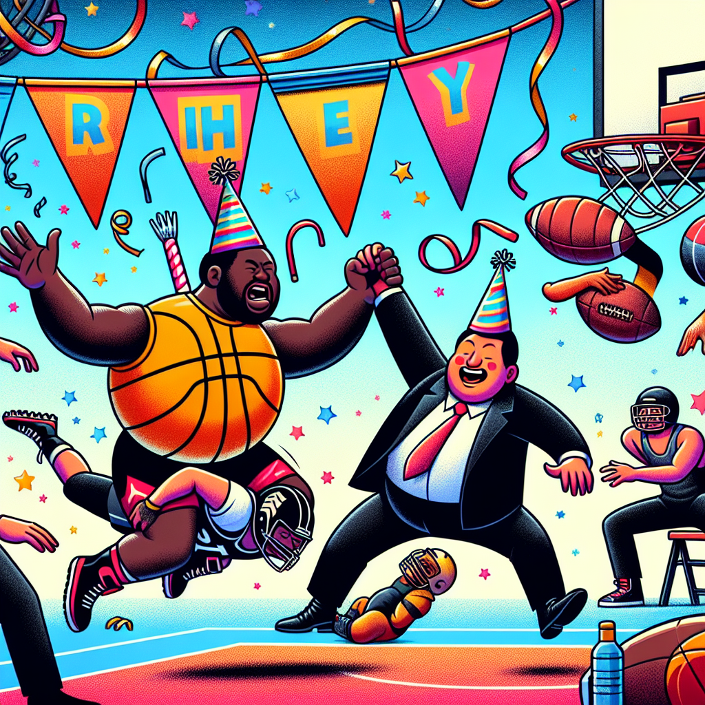 Generate a humorous birthday illustration with a chaotic sports theme. The scene involves basketball, wrestling, and football elements in hilarious ways. On the foreground, imagine a basketball, adorned in a party hat, bouncing towards a hoop, and just as it's about to make the shot, it gets tackled by a football player. A Black female football player is in full sports gear, adding an unexpected twist to the scene. Further back as part of the background, visualize a set of wrestlers, an Asian man and a Hispanic woman, each attempting to pin the other down. This wrestling contest is made even more amusing with birthday streamers entwined around them, introducing a festive and colorful aspect to this already eventful scene.
Generated with these themes: Basketball, Wrestling, and Football.
Made with ❤️ by AI.