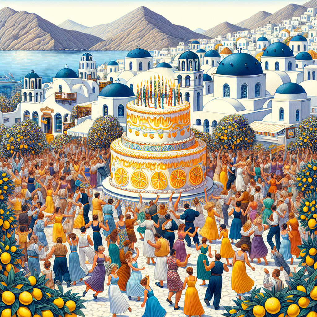 An illustration filled with hues depicts a jubilant birthday celebration in a scenic Greek village. The panorama resonates with people of diverse descents and genders, all clad in joyous attire, swaying to the rhythm of lively traditional Greek soundtrack. Dominating the site, a colossal lemon cake captivates the audience, its candles dancing with the breeze. Lemon trees, offering a citrusy aroma, and distinctive white-colored houses with cool-toned domes, fill the backdrop, supplementing an amicable Mediterranean ambience.
Generated with these themes: Lemons, greece, mamma mia.
Made with ❤️ by AI.