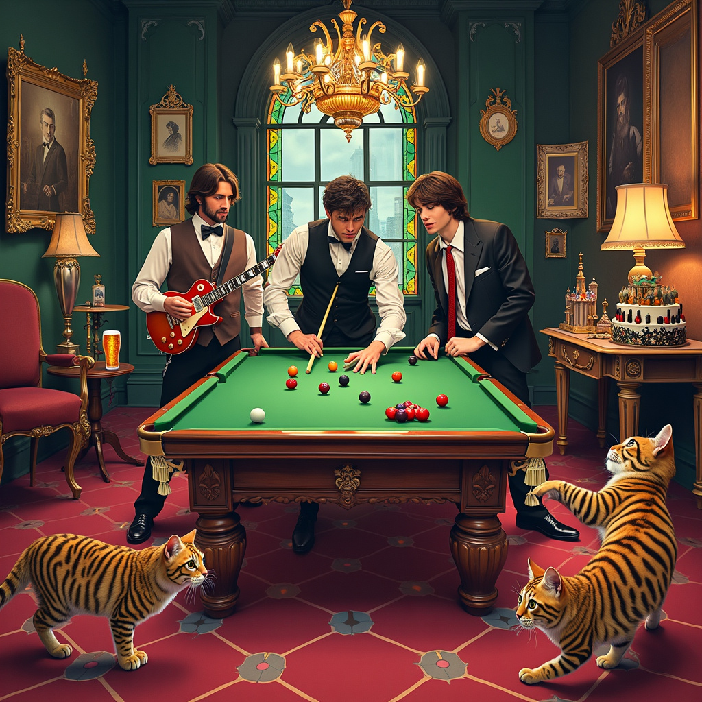 The front cover of the birthday greeting card features a vibrant, whimsical scene set in an extravagant Victorian-style billiard room. The focal point of the illustration is a grand snooker table draped with rich, green velvet, set in the center. Towering above the table, under an elegant chandelier, Anthony Joshua, wearing a snooker referee's vest, holds a snooker cue with a confident grin, ready to break.

To his right, Noel Gallagher from Oasis, clad in a retro mod suit, is leaning casually against the table, strumming an electric guitar with snooker balls painted on its body, giving a rock-n-roll flair to the scene. His brother Liam stands opposite, holding a pint of ale and singing into a microphone that's been humorously designed as a giant snooker ball.

On the left side of the table, James Dean Bradfield from the Manic Street Preachers, wearing a flamboyant 90s rock outfit, is playing an intense game against a Bengal cat, who’s perched on a custom-made snooker stool. The cat, with its lush, spotted fur, seems to be taking the game very seriously, one paw poised above a snooker cue that’s perfectly balanced for a feline.

In the background, Maurice Sendak-inspired wild things frolic in a manner that channels the playful yet detailed style of Quentin Blake. Beatrix Potter-esque Bengal kittens chase after tiny snooker balls along the floor, adding a dash of mischief to the scene. The walls are adorned with framed posters of Oasis and the Manic Street Preachers in the style of Edward Gorey, lending an intricate, darkly humorous touch.

To add a whimsical touch, an oversized birthday cake, decorated in snooker and music motifs, sits on a side table, its tiers teeming with figurines of the characters in action, crafted in the delicate, fairy-tale style of Arthur Rackham. Maxfield Parrish-like glowing hues filter through stained glass windows, casting a magical light over the entire scene.

The detail in every corner ensures there's always something new to discover, making this birthday card cover a delightful and humorous piece of art.
Generated with these themes: Snooker, Oasis, Anthony Joshua , Manic Street Preachers , and Bengal cats.
Made with ❤️ by AI.