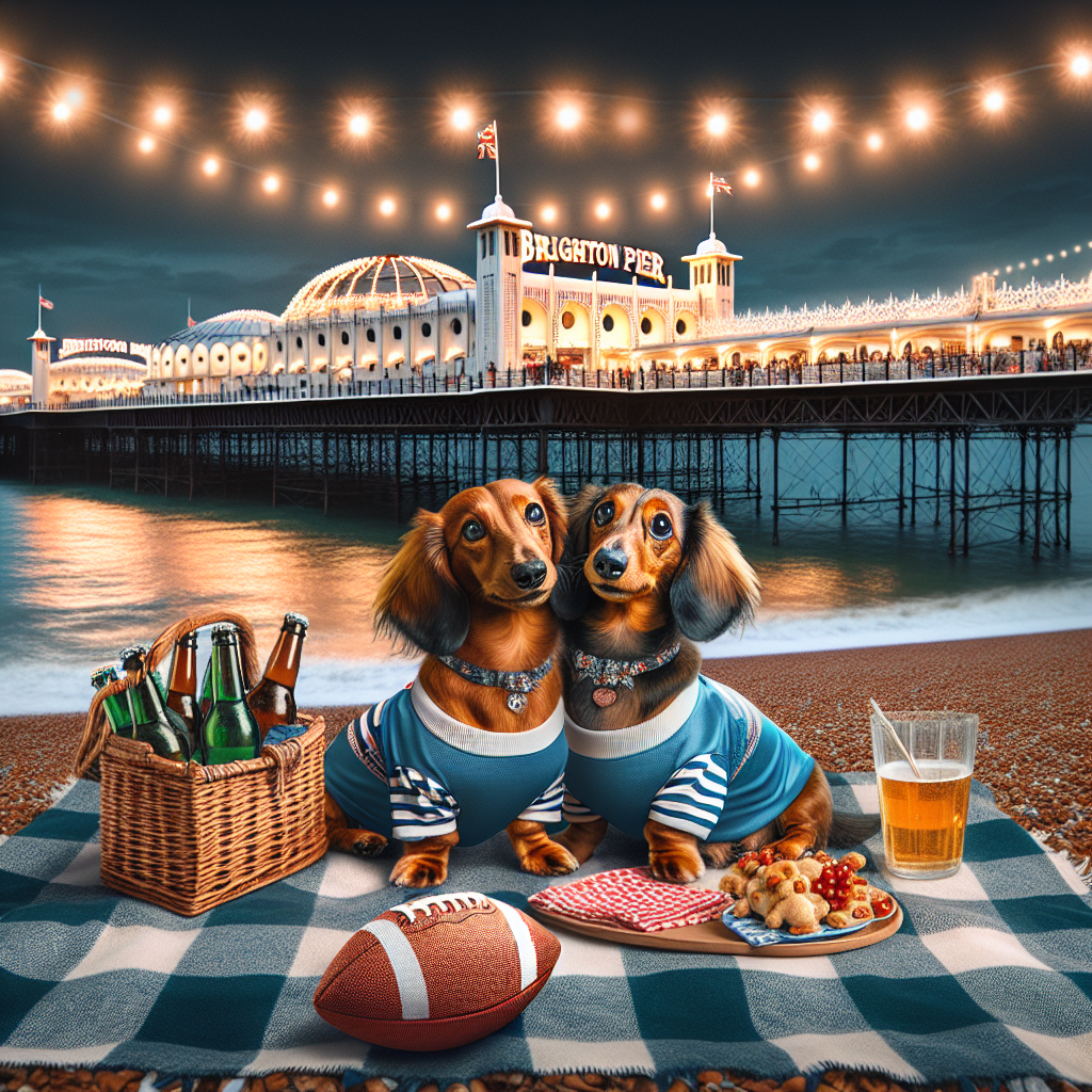 An enchanting and whimsical image to commemorate a special occasion. The centerpiece of this merging of celebration and warmth consists of two delightful dachshunds clad in sporty football uniforms, snuggled together against the bustling setting of Brighton's lively shoreline. The landmark Brighton Pier serves as the backdrop, embellished with twinkling fairy lights that mimic the night sky. The front and center of this scene is a meticulously arranged picnic arrangement, complete with a checked blanket, a pail brimming with frosty beer bottles, and a football casually placed nearby, suggesting an amalgamation of personal celebration and festive cheer.
Generated with these themes: Sausage dogs, Football, Brighton, and Beer.
Made with ❤️ by AI.