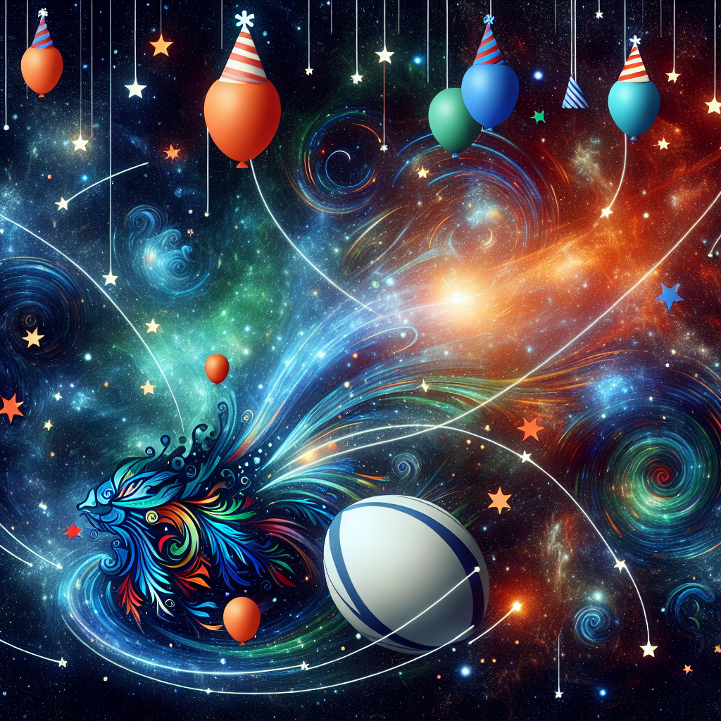 Create an image of a delightful, abstract birthday card that radiates whimsical charm. This cosmic spectacle showcases a ballet of twinkling constellations, with colorful, playful planets amidst the stars, some donning festive party hats. A rugby ball orbits among the stars, representing a hint of sporting spirit, while a swirling rugby jersey painted with a symbolic dragon, adds to the celestial celebration.
Generated with these themes: Constellations, Planets, and Wales rugby.
Made with ❤️ by AI.