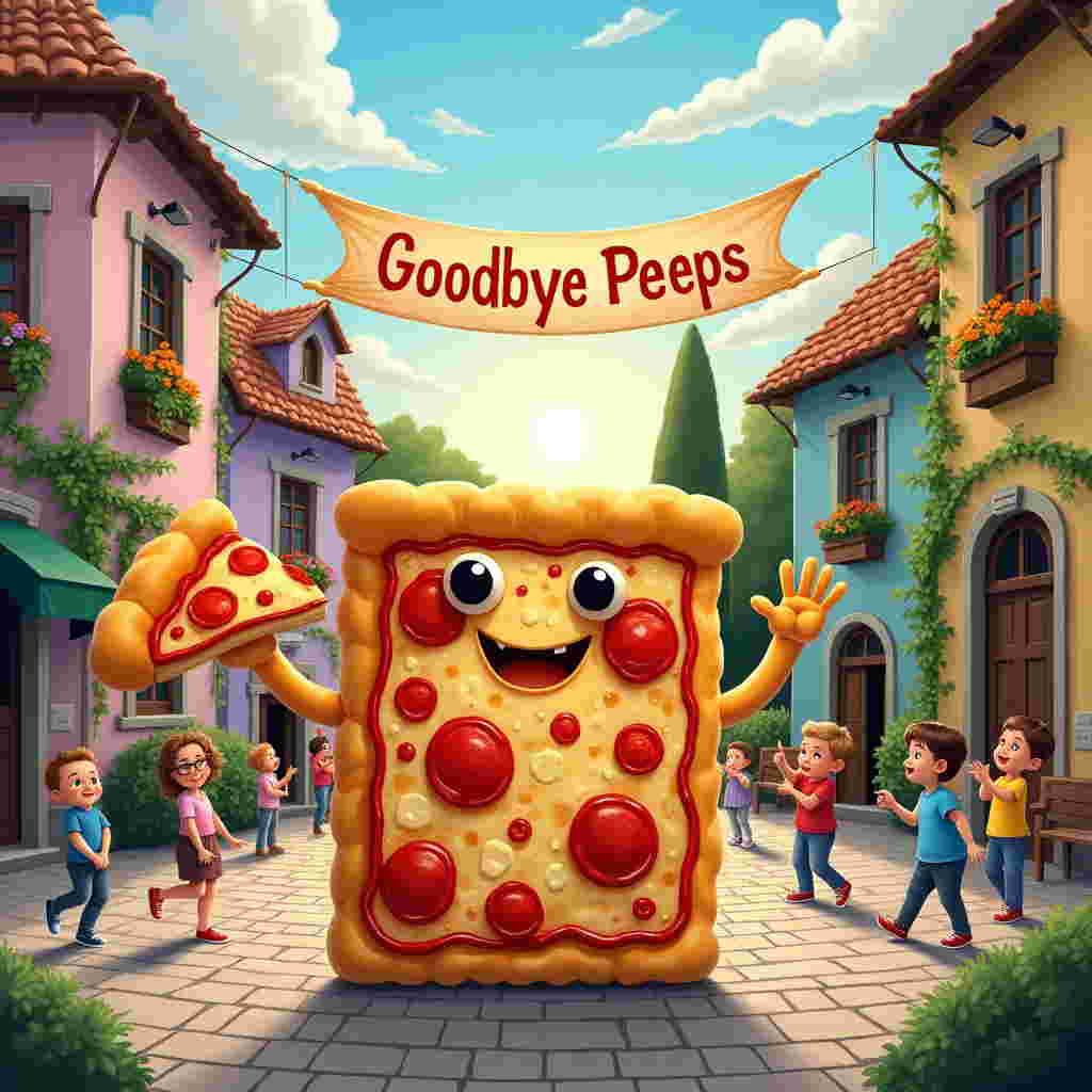 In the foreground, a square pizza with a thick golden crust is animatedly waving a triangle slice of pepperoni, its melted cheese strings glistening under a soft evening sun. The pizza’s eyes are wide and expressive, made of black olives, and its mouth, a cheeky slice of bell pepper, forms an inviting smile. Each pepperoni spot is a lively red with slight shadows giving them a plump, almost 3D effect.

The background is a whimsical town square reminiscent of a storybook scene. The buildings are quaint, with slightly crooked roofs, their facades adorned in pastel hues: soft lavenders, baby blues, and gentle yellows. Each window has vibrant flower boxes overflowing with marigolds, petunias, and lush green ivy cascading downwards.

A large, billowing banner stretches across the sky, held up by two whimsical clouds. The banner reads, "Goodbye Peeps," in playful, curly letters made from twisted dough, with little sprigs of parsley serving as flourishes.

In the scene, children and adults, drawn in a style combining the lush detail of Arthur Rackham with the joyful whimsy of Quentin Blake, are gathered around. They are interacting with the pizza, some pointing with delight, others reaching out as if to catch any falling toppings.

The cobblestone path under the pizza and people is meticulously illustrated with subtle hues of grays and browns, each stone uniquely shaped and sized, hinting at years of wear and town history. Off to one side, a small fountain, similar to those in European squares, gurgles softly, surrounded by benches and neatly trimmed hedges.

A sky painted in the style of Maxfield Parrish completes the scene, a gentle wash of blue and pink clouds drifting leisurely, as the sun dips toward the horizon, casting long, soft shadows that dance across the cobblestones.
Generated with these themes: Square pizza waving.
Made with ❤️ by AI.