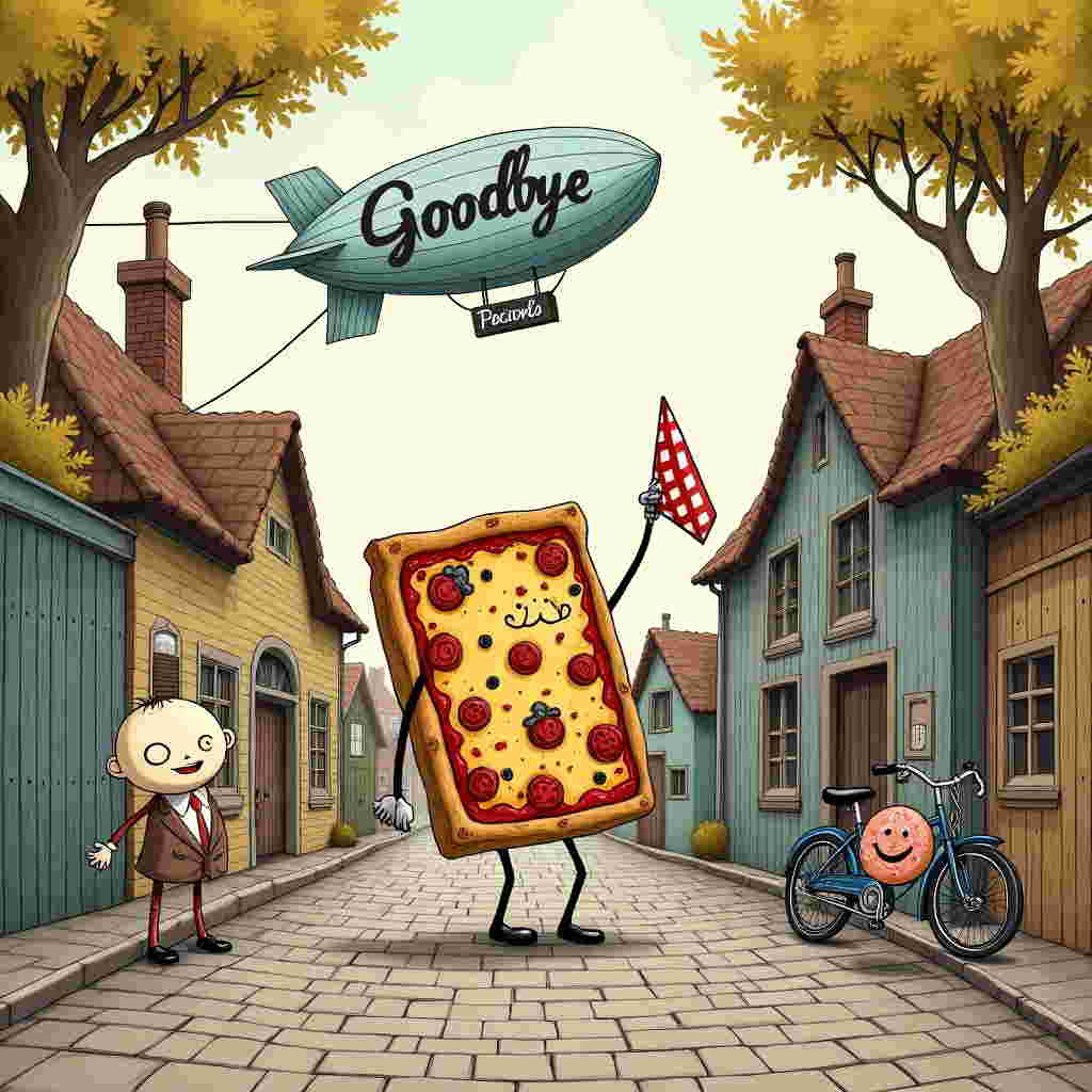 The front cover of the sympathy greeting card features a whimsical and detailed hand-drawn scene, reminiscent of the classic and expressive illustration styles of Norman Rockwell and Quentin Blake, with a touch of Edward Gorey’s playful darkness.

At the center of the scene, a square pizza is depicted waving a small, checkered, red and white handkerchief in farewell. The pizza is intricately detailed, with slightly charred edges and an assortment of toppings like pepperoni, olives, and mushrooms, each vividly colored to stand out against the golden-brown crust. The pizza's "arms" are cleverly illustrated with wispy lines of cheese stretching out, ending in thin, delicate fingers that hold the handkerchief.

The setting is a quaint, cobblestone village street, drawn with meticulous attention to texture and detail. The cobblestones are uneven, shaded in varying tones of gray to create depth. Surrounding the square pizza, a collection of unusual, animated characters wave back. These include a slender teacup with eyes and a monocle, a plump, cheerful donut with sprinkles, and a vintage bicycle with a friendly face drawn on its handlebars.

In the sky above, a vintage-style blimp floats lazily, trailing a banner with the text "Goodbye Peeps" in a bold, playful typeface that mimics frosting on a cake. The blimp is detailed with rivets and ropes, colored in soft shades of pastel blue and cream.

The background features a series of quaint, storybook-style houses with exaggerated, tall chimneys and thatched roofs. The colors are muted earth tones—burnt sienna, dusty green, and faded blue—giving the scene a timeless, nostalgic feel. Lush, whimsical trees with swirling branches and large, leafy canopies add depth to the scene, their leaves a mix of warm autumn hues.

Overall, the illustration is rich with detail and texture, providing a vibrant and quirky yet comforting tableau fitting for a sympathy card.
Generated with these themes: Square pizza waving.
Made with ❤️ by AI.