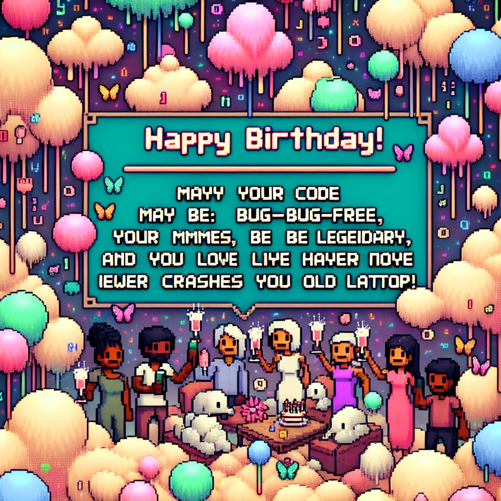 Craft an adorable, abstract digital dream backdrop, abuzz with cotton-candy toned surreal shapes. Amidst this ethereal party scene is a prominent, whimsy-font greeting: 'Happy Birthday! May your code be bug-free, your memes be legendary, and your love life have fewer crashes than your old laptop!'. Pixelated blossoms and code butterflies float around the words. Animated characters, diverse in gender and descent (include Black, Hispanic, Caucasian, Middle-Eastern, and South Asian) are seen merrily toasting with vessels filled with playful binary-coded bubbles.
Generated with these themes: Happy Birthday! May your code be bug-free, your memes be legendary, and your love life have fewer crashes than your old laptop!.
Made with ❤️ by AI.