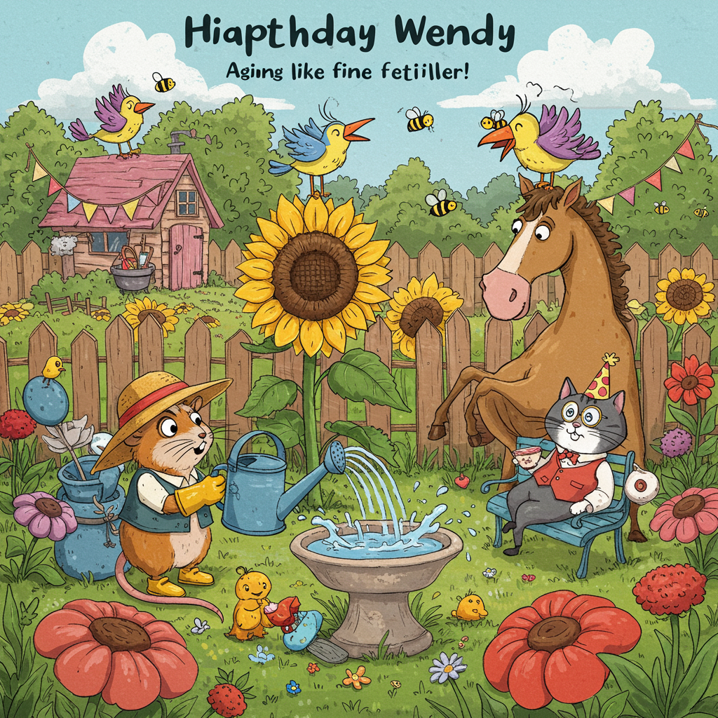 At the top of the Cartoon Style image, write: "Happy Birthday Wendy"

**Image Description:**

Imagine a vibrant cartoon scene set in a whimsical garden, bustling with quirky animal characters. In the center, a curious gerbil wearing a tiny straw hat and oversized gardening gloves holds a comically large watering can, attempting to water a towering sunflower that's humorously tilting away. Beside the gerbil, a sophisticated cat, donning a monocle and a dapper vest, lounges elegantly on a small garden bench, sipping tea from a delicate cup.

Nearby, a playful horse with exaggeratedly long legs prances joyfully around a birdbath, sending splashes everywhere as colorful birds, with comically large beaks, flit around it trying to keep their feathers dry. One cheeky bird balances on the horse's head, wearing a miniature party hat, adding to the merriment.

The garden is a kaleidoscope of colors with oversized, fantastical flowers and buzzing cartoon bees with cheeky grins. In the background, a little garden shed is decorated with bunting that spells out, "Aging like fine fertilizer!" in a playful font, adding a humorous touch to the scene.
Generated with these themes: Gerbils, cats, horses, gardening, birds, and .
Made with ❤️ by AI.