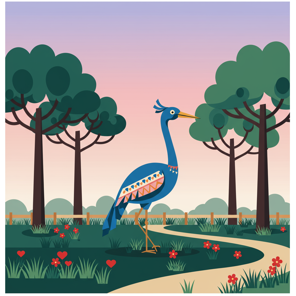 In this Valentine's Day themed scene, imagine a large, whimsical bird standing proudly within a stylized, minimalistic zoo enclosure. The bird is a vibrant, eye-catching blue with flat, geometric patterns of contrasting orange and pink on its wings. Its body is sleek, with a long, elegant neck that gracefully curves upward. The bird's beak is a sharp, crisp black, adding a touch of boldness.

Surrounding the bird, the zoo is represented by a series of cleverly designed, flat vector style automonteur trees. These trees have trunks of deep brown, composed of perfectly straight lines, leading up to a canopy of layered, mechanical-inspired leaves in shades of emerald green and soft olive. Each leaf is a precise, angular shape, giving the illusion of gears and cogs intertwined within the branches.

The background of the card features a gentle gradient sky transitioning from a soft pastel pink at the horizon to a calming lavender at the top, creating a visually appealing contrast to the more vivid elements in the foreground. Below the bird, the ground is a flat plane of lush, emerald green, with simple, stylized blades of grass in clusters. Interspersed among the grass, small, heart-shaped flowers in a bright red hue add a playful Valentine's touch.

In the foreground, a subtly detailed fence runs along the bottom of the card, illustrated with flat, simple rectangles in a warm, light tan color. The fence separates the bird's enclosure from an abstract path that suggests a strolling area, depicted with curved, overlapping lines in a gentle beige.

This card combines playful elements with crisp, modern lines and vibrant colors, resulting in a charming, visually engaging scene perfect for a Valentine's Day greeting.
Generated with these themes: Bird in a zoo with automonteur trees.
Made with ❤️ by AI.