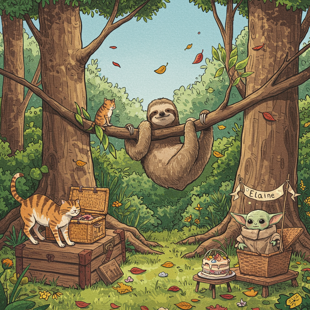Imagine a whimsical scene brimming with delightful chaos, nestled within a sun-dappled forest clearing. 

**Foreground:**
- **Central Figure:** A sloth, charmingly sluggish yet joyful, dangles from a sturdy tree branch. Its fur is intricately rendered in shades of soft browns and cream, inspired by Arthur Rackham's fine details.
- **To the left:** A cat, sleek and playfully poised, stretches lazily on a vintage wooden crate. Its fur is depicted in a patchwork of warm tawny and rich black stripes, reminiscent of Quentin Blake’s lively characters.
- **To the right:** Grogu, affectionately known as Baby Yoda, gazes curiously upwards from a rustic woven picnic basket. His robe is textured in earthy tones, with intricate folds akin to those seen in Maurice Sendak’s illustrations.

**Midground:**
- **Tree Trunks:** Old and wise, the trees boast bark with elaborate lines and whorls, similar to Gustave Doré’s etched style. 
- **Scattered Leaves:** They fall gently through the air, in shades of golden yellows and fiery reds, evoking Maxfield Parrish’s vibrant palette.

**Background:**
- **A Small Cake:** Perched on a quaint wooden table, it’s topped with tiny edible flowers, each petal a delicate brushstroke of pastel hues inspired by Beatrix Potter’s soft watercolors. A tiny banner above the cake reads "Elaine" in whimsical lettering.
- **Backdrop:** An array of lush, layered foliage, capturing the essence of an enchanted forest. The verdant greens and occasional splashes of wildflower colors are drawn with the careful attention of N.C. Wyeth’s illustrative depth.

**Sky:**
- Overhead, the sky is a serene azure, painted in gradient strokes with wisps of fluffy clouds, echoing Norman Rockwell’s expansive skies.

Together, these elements create an intricate and enchanting birthday scene, where sloths, cats, and Grogu find their place in a world as magical as the birthday it celebrates.
Generated with these themes: Sloths, Cats, and Grogu.
Made with ❤️ by AI.