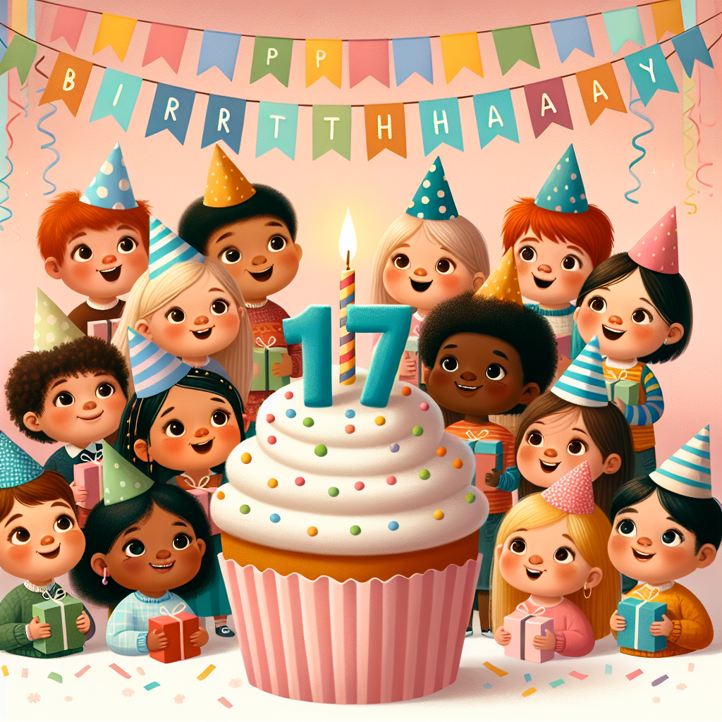 A charming scene with a group of smiling children wearing party hats, surrounding a giant cupcake with a '17' candle. Soft pastel colors give a warm, inviting feel. In the background, banners and streamers hang, and 'Happy Birthday' is inscribed in bubbly letters across the top.
Generated with these themes: 17th kids  .
Made with ❤️ by AI.