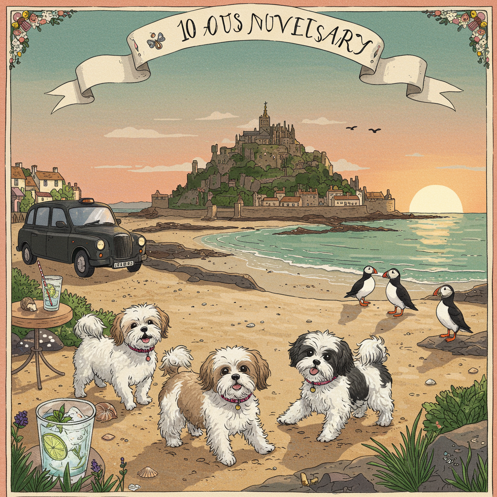 In the foreground of the illustration, three lively Shih Tzu dogs are the focal point. Two of them are white and tan, with silky coats gleaming in the sun, while the third is white and black, with its fur subtly tousled by a gentle seaside breeze. They are playfully interacting on a sandy beach, their paws leaving small, delicate prints in the sand.

Above the dogs, a graceful, hand-painted banner flutters, bearing the text "10 Years" in elegant calligraphy reminiscent of Edward Gorey's meticulous pen work. The banner is anchored to the sand with thin poles adorned with tiny seashells and tufts of beach grass.

In the middle distance, St Michael’s Mount rises majestically from the sea, its historic silhouette defined with the intricate linework akin to Arthur Rackham's storytelling illustrations. The Mount is bathed in a soft, golden light as the sun sets behind it, casting long shadows over the water that shimmer with hues of peach and lavender.

To the right of the dogs, a pair of puffins stand near the shoreline, their striking black and white plumage contrasting against the vibrant greens and blues of the ocean. They are depicted with a whimsical touch, channeling Beatrix Potter's charming portrayal of animals.

On the left side of the scene, a classic London taxi is parked on a narrow coastal path, its glossy black paint reflecting the setting sun. Nearby, a small table is set with a crystal-clear gin and tonic, the glass garnished with a slice of lime and a sprig of mint, reminiscent of a Maxfield Parrish painting with its meticulous attention to light and detail.

Nestled in the corner of the scene, in the gentle curve of a cloud or perhaps on the face of a beach umbrella, the name "Peter" is subtly integrated in a style inspired by Quentin Blake's playful, yet refined typography.

The entire composition is surrounded by a narrow border of delicate, swirling motifs, reminiscent of Aubrey Beardsley's detailed and decorative work, bringing the scene together with a touch of classic elegance. The color palette combines muted earth tones with bursts of bright, fresh hues, capturing the essence of a nostalgic, celebratory seaside anniversary.
Generated with these themes: Two white and tan shih tzu dogs, One white and black shih tzu dog, 10 years banner, Seaside scene with St Michael’s mount, Puffins , Gin and tonic , and London taxi.
Made with ❤️ by AI.