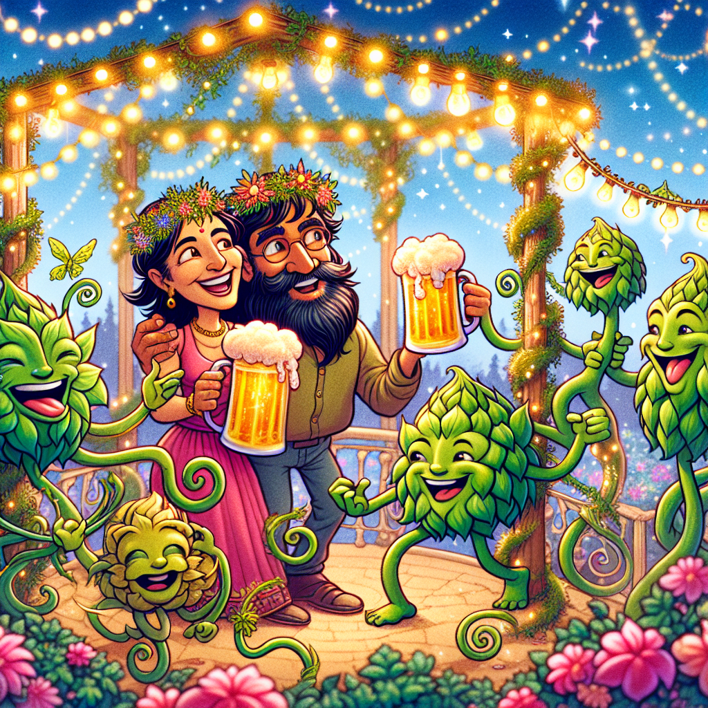 Depict a fantastical cartoon landscape where a garden brims with the spirit of celebration, specifically an anniversary. Imagine vine-like string lights weaving through mystic flowers, and anthropomorphized hops and barley plants interacting playfully, embodying a beer-themed party. In the heart of this scene, visualize a South Asian man and a Hispanic woman, their features overly animated to express joy, roasting with exaggerated beer mugs within a gazebo adorned in sparkling tinsel and shiny baubles, encapsulating a quirky and romantic holiday vibe.
Generated with these themes: Garden, Holiday, and Beer.
Made with ❤️ by AI.