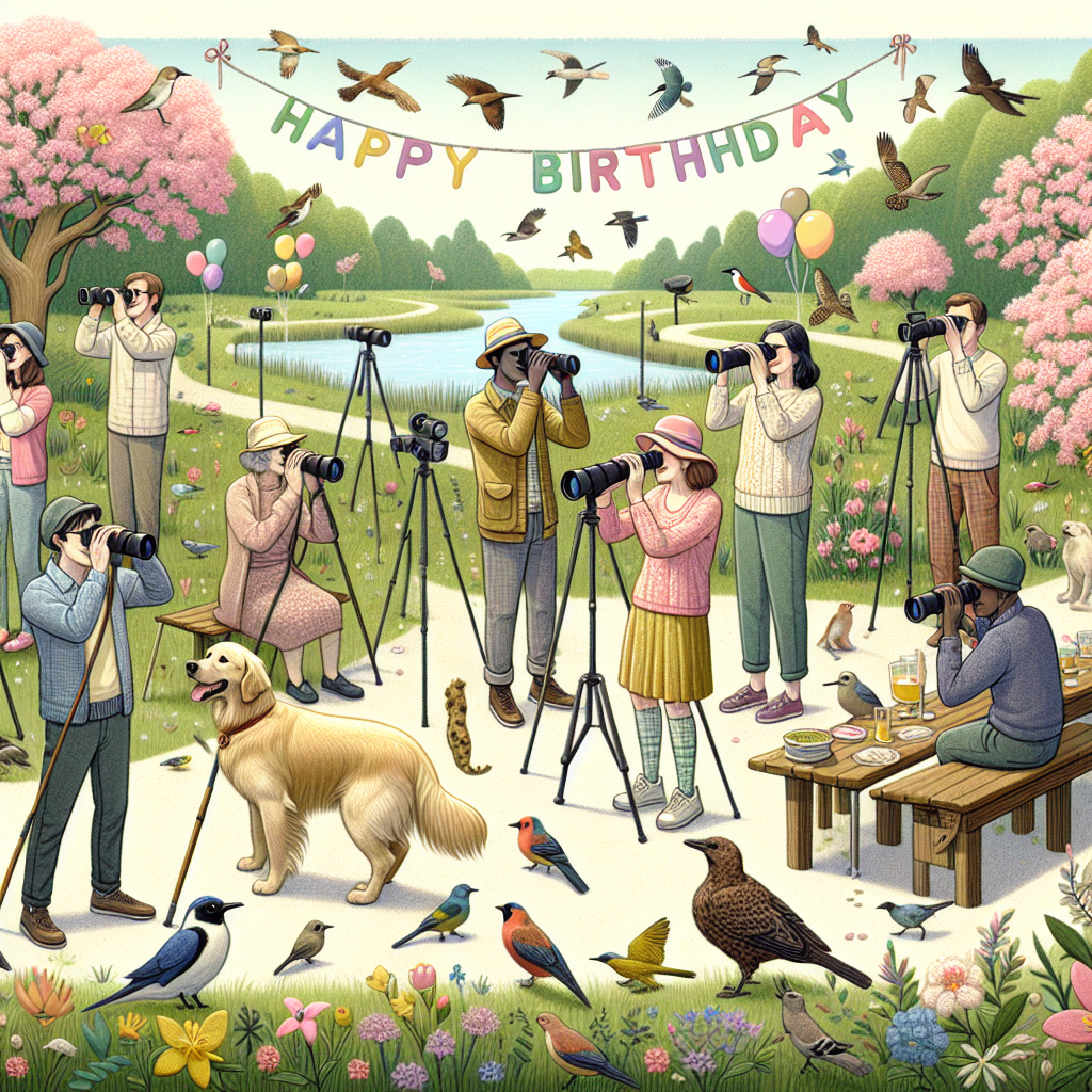 A festive birthday setting showcases a blooming bird-watching haven full of life. A golden retriever is frolicking playfully around the space filled with party-goers. Each individual, of varying descents such as Middle-Eastern, Caucasian, and Black and both genders male and female, is equipped with binoculars, capturing the engaging sight of different birds in their natural habitat. Decorating the scene are subtle birthday themed streamers and balloons. A peaceful walking trail is seen meandering through the backdrop, offering a quiet retreat to appreciate the blend of nature and celebration.
Generated with these themes: Golden retriever , Bird watching , and Walking.
Made with ❤️ by AI.