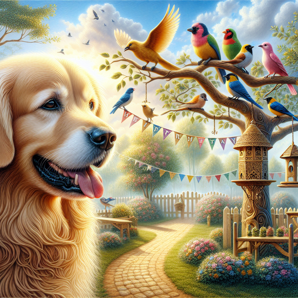 Create an affectionate scene celebrating a birthday. The star of the picture is a lifelike golden retriever touched by sunlight, its fur detailing achieved by careful, delicate brush strokes. This tranquil setting is amidst a passionate bird-watching environment, with an array of colorful birds perched on intricately carved feeders and trees. Their brilliant colors stand out against the unclouded sky. Fluttering in this breeze are birthday banners. The image also features a walkway, inviting onlookers to enjoy a relaxed journey through this peaceful scene, offering a celebration of the beauty of nature and companionship.
Generated with these themes: Golden retriever , Bird watching , and Walking.
Made with ❤️ by AI.