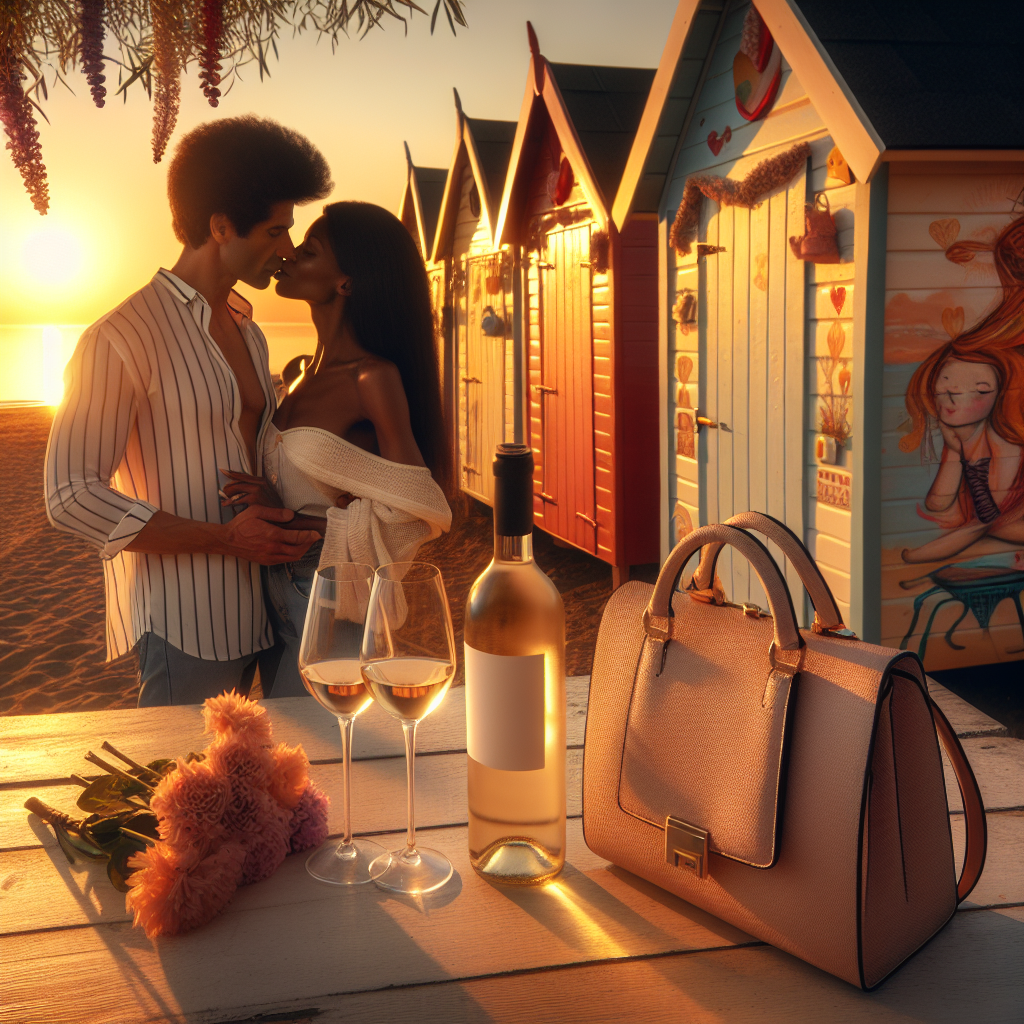 Create an enchanting image of an anniversary celebration at sunset. A Hispanic man and a Black woman, who share a profound bond of love, bask in the soft, golden light of the setting sun. Two stylish handbags are resting beside them, symbols of their refined tastes. Behind the couple, whimsically painted beach huts add a lively splash of color to the scene. In the foreground, a chilled bottle of crisp white wine and two crystal glasses are ready to toast to their love and shared moments of happiness.
Generated with these themes: Handbags, Colorful beach huts , and White wine.
Made with ❤️ by AI.