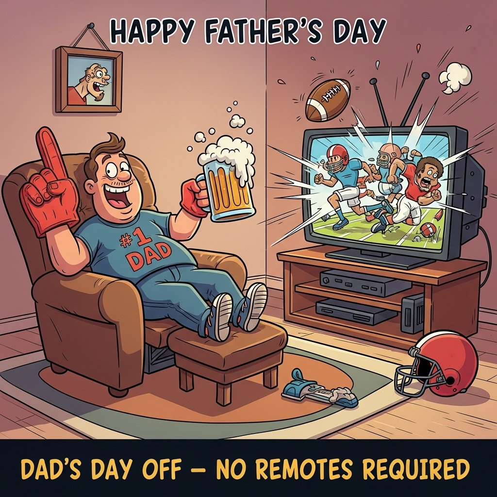 At the top of the Cartoon Style image, "Happy Father's Day"

**Image Description:**

Picture a vibrant cartoon living room scene. In the center, an overstuffed recliner with exaggerated armrests holds a comically rotund dad figure, sporting a wide grin and a foam finger pointing to the sky. He’s wearing a "Number 1 Dad" T-shirt, and his legs are propped up on a footstool that looks like a mini ottoman with sneakers. In one hand, he holds a giant, frothy mug of beer, bubbles popping with animated enthusiasm.

Next to him, a wide-screen TV is aglow with a chaotic cartoon sports match, the players running off-screen, leaving comic book-style action lines. The TV is so animated that a football and a player’s helmet look like they’re about to burst through the screen into the room!

At the bottom of the image, in bold, playful letters: “Dad’s Day Off – No Remotes Required!” 

The scene is full of bright, saturated colors, with thick, exaggerated outlines, and a sense of energetic motion that captures the humor and fun of a well-deserved dad's day relaxation.
Generated with these themes: Beer , TV, and .
Made with ❤️ by AI.