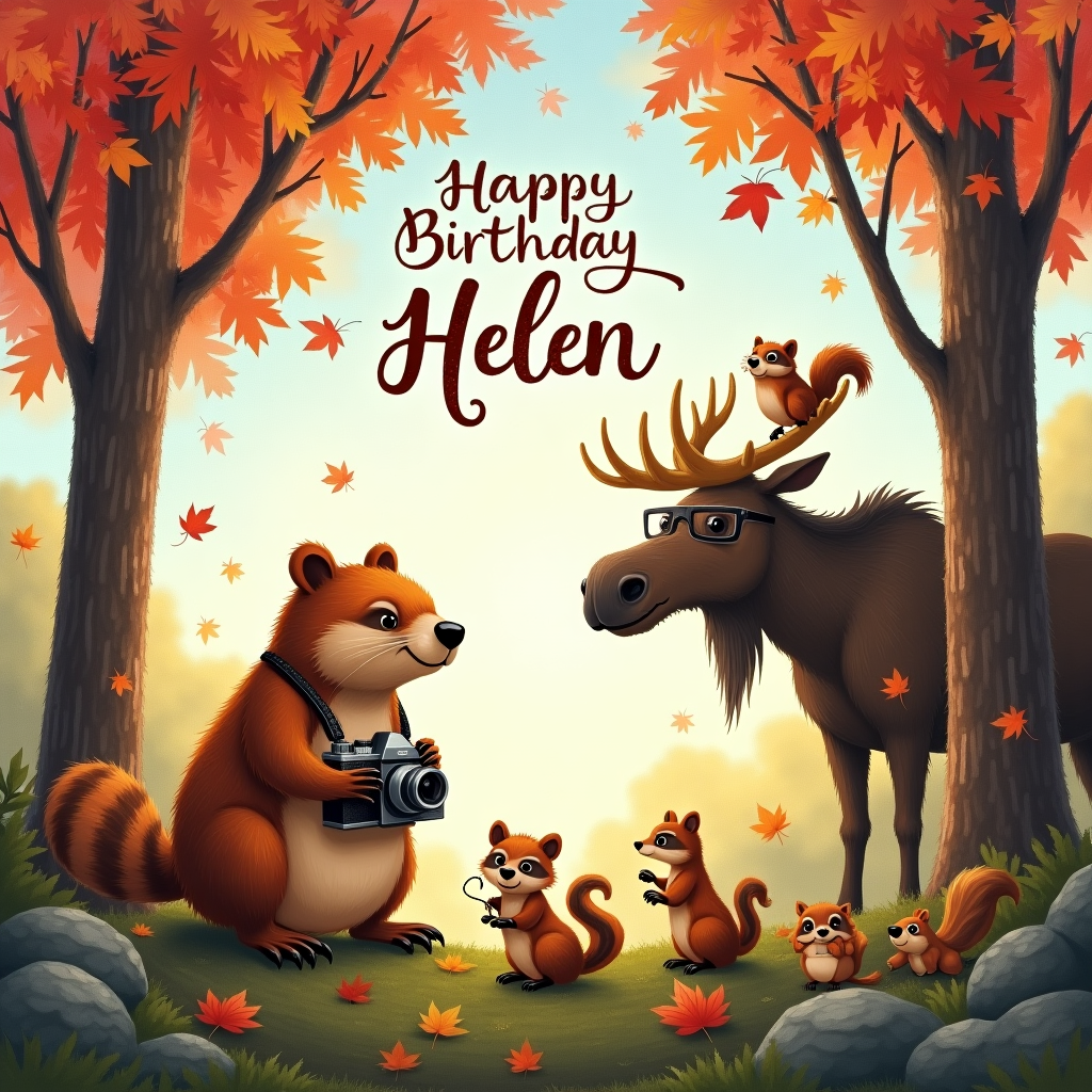 In the heart of a whimsical Canadian forest, the scene bursts with vibrant wildlife and photography magic for Helen's birthday card. Towering maple trees, their leaves a tapestry of autumn reds and golds, frame the illustration, their branches stretching across the top of the card to form a natural archway. In the foreground, a curious beaver with a camera slung around its neck like an intrepid explorer captures the antics of a group of playful raccoons. These mischievous creatures pose on a moss-covered rock, one holding a small twig as if it's a prop for a fashion shoot. To the right, a majestic moose stands, its antlers adorned with dangling maple leaves, providing a backdrop for a small gathering of chipmunks, all chattering away in excitement. 

Above, the sky is a swirl of watercolors reminiscent of Maxfield Parrish's celestial blues and pinks, dotted with fluffy clouds. Amidst these clouds, in elegant and flowing Beardsley-inspired script, is written "Happy Birthday Helen," the letters made from wisps of cloud themselves. Nestled in the corner of the illustration, a wise old owl perched on a branch peers through a pair of tiny spectacles, focusing intently through an antique-looking camera. Nearby, a squirrel assistant holds up a film slate reading "Helen's Birthday Adventure."

Every detail of the scene is infused with storytelling, capturing both the essence of Canadian wilderness and the joy of photography, all tailored specifically to celebrate Helen's special day.
Generated with these themes: Canada, Wildlife, and Photography.
Made with ❤️ by AI.
