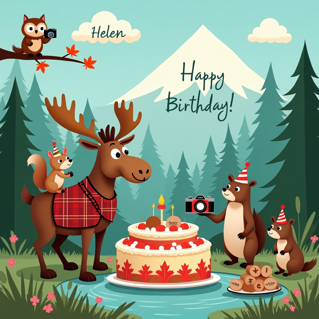 In the heart of a Canadian forest, a whimsical birthday scene unfolds with an illustration capturing the serene essence of the great outdoors. A lively group of animals, led by a curious moose wearing a charming plaid photographer's vest, gather around a large, beautifully decorated cake shaped like a majestic mountain. This cake is adorned with intricate edible maple leaves and small woodland creatures crafted from marzipan. Perched on the antlers of the moose is a delightful squirrel holding an old-fashioned camera, snapping photos of the celebration. To the right, a family of beavers, sporting tiny party hats, are playfully building a dam with festive logs inscribed with the word "Happy Birthday." In the background, towering evergreen trees sway gently, and the clear blue sky is accented by fluffy clouds shaped like camera lenses and wildlife footprints. Amidst the clouds, the name "Helen" gracefully floats as if written by the wind, the letters formed from wisps of white cloud, softly framing the scene. To the left, a wise old owl with round spectacles sits on a branch, observing the festivities with a vintage camera hung around its neck, adding a touch of timeless charm. This delightful blend of Canada, wildlife, and photography weaves together a magical birthday tableau, filled with enchanting details and a nod to Helen's special day.
Generated with these themes: Canada, Wildlife, and Photography.
Made with ❤️ by AI.