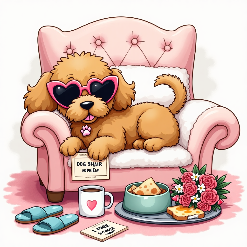 **Image Prompt:**  
At the top of the illustration image, *"Happy Mother’s Day, Mummy – From Your Furry Little Shadow!"*

An illustrated golden cavapoo wearing oversized heart-shaped sunglasses lounges dramatically on a fluffy, throne-like dog bed. Surrounding the pup are a scattered array of pampering tools — a mini paw spa, a chew toy shaped like a cucumber slice, and a coffee mug that says “Dog Hair, Don’t Care.”  

A pair of slippers (chewed), a Mother's Day card with a paw print on it, and a bouquet of flowers toppled over (thanks to some recent zoomies) are comically displayed nearby. The pup has a guilty-yet-charming grin, holding a homemade coupon in its mouth that reads “1 Free Snuggle – No Refunds.”

In the background, an “attempt” at breakfast in bed is clearly made by the pup — a messy dog bowl perched atop a silver tray next to toast with suspicious bite marks.

The whole scene is cozy, chaotic, and heart-meltingly hilarious — like only a cavapoo could deliver.
Generated with these themes: golden cavapoo.
Made with ❤️ by AI.