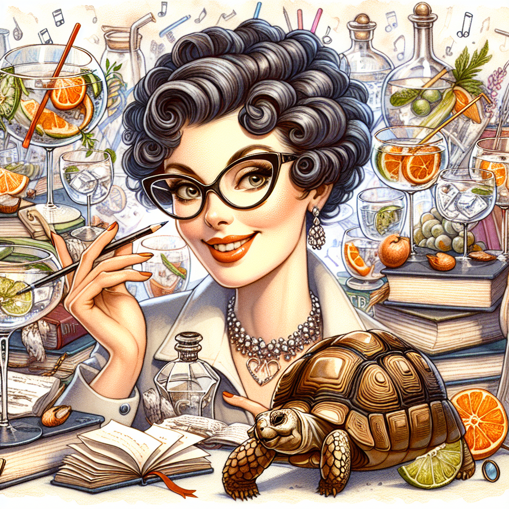 Create a whimsical illustration of a 40th birthday party with a vivacious white woman with short, dark curled hair and fashionable glasses as the center of attention. Her surroundings are busy with numerous notebooks, indicating her rich life of learning and creativity. A joyful tortoise in the foreground adds a touch of peaceful amusement to the tableau. The image should feel festive, akin to a live music event, sprinkling in large glasses of gin garnished with abundant fruit all over, suggesting a jubilant yet classy celebration.
Generated with these themes: 40th birthday celebrations, a young white lady with short curly dark hair and glassessurrounded by piles of notebooks, a tortoise in the foregroound and an overall sense of fun., Music gig, and Large glasses of gin with fruit in.
Made with ❤️ by AI.