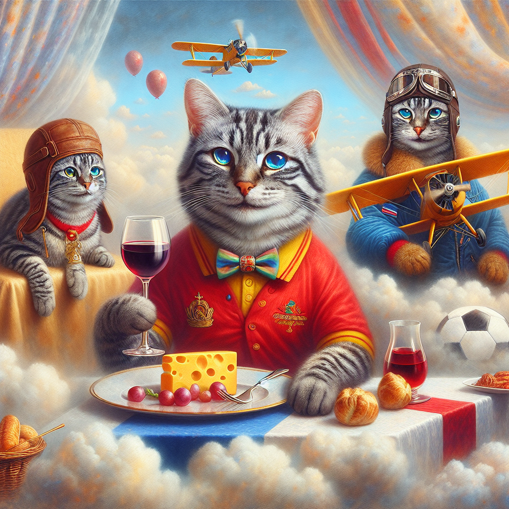 Depict an absurd, dream-like celebration. In this whimsical scene, a tabby cat is seen in three avatars. First, the cat sits as an honored guest, holding a glass of wine in one paw and a piece of cheese in the other. This cat exudes a sense of regality and delight. Second, another manifestation of this tabby cat, now wearing a vibrant red shirt, is engrossed in an exciting football game, displaying commendable athletic skills. Lastly, the third version of this tabby cat, dressed in aviator gear, navigates a plane amidst fluffy clouds, giving the feeling of announcing this festival from the sky. This unusual composition depicts a memorable anniversary celebration.
Generated with these themes: Tabby cat eating cheese and drinking wine, Tabby cat in red shirt playing football, and Tabby cat in a plane.
Made with ❤️ by AI.