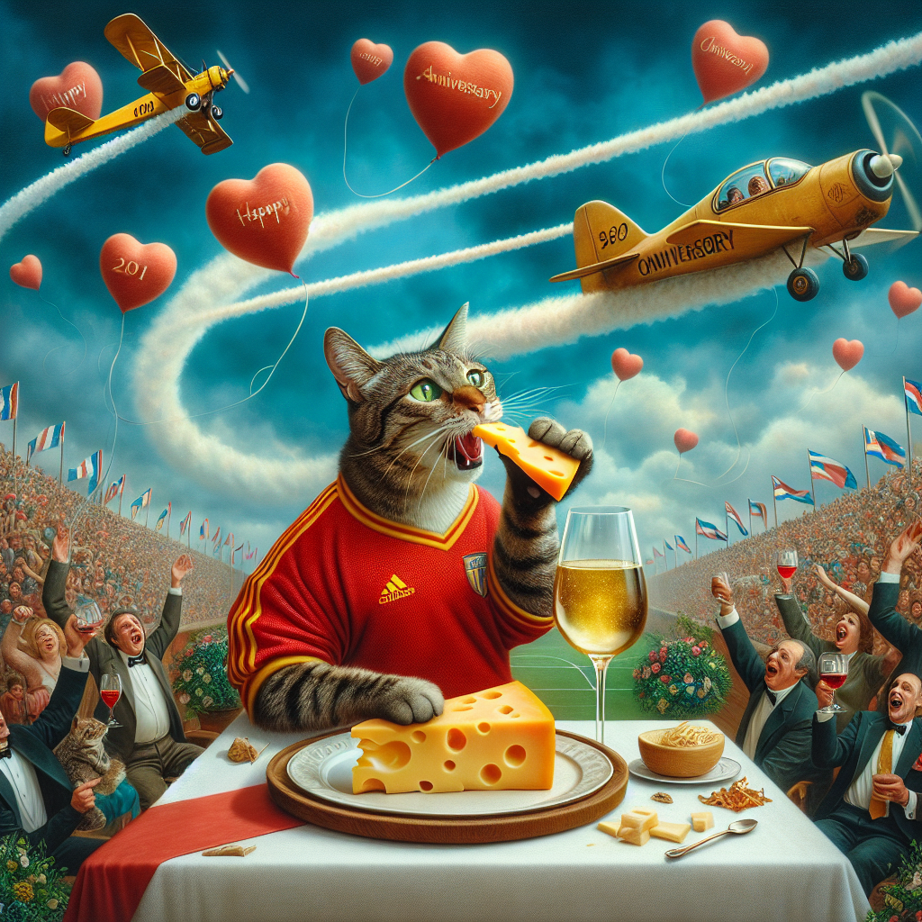 In this whimsical anniversary celebration scene with surreal elements, a well-dressed tabby cat indulges in a piece of cheese while relishing a glass of exquisite wine right in the middle. To the left is a crowd expelling joyous cheers as an alternate version of the tabby cat, sporting a vibrant red football jersey, expertly maneuvers a soccer ball towards an invisible goal post. Adding a dreamy effect to the sky above, another tabby cat takes control of a small aircraft, trailing behind it a sequence of smoke hearts that swivel and loop around the joyful scene below.
Generated with these themes: Tabby cat eating cheese and drinking wine, Tabby cat in red shirt playing football, and Tabby cat in a plane.
Made with ❤️ by AI.