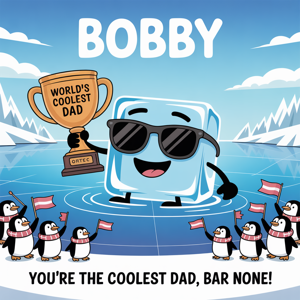 At the top of the image, "Bobby":

At the bottom of the image, "You're the coolest Dad, bar none!"

- Create a playful cartoon-style scene where an ice cube with a smiling face and sunglasses is chilling on a frozen lake. It's holding a "World's Coolest Dad" trophy, while tiny penguin characters cheer him on from the sidelines, waving flags and wearing mini scarves.
Generated with these themes: Ice, Ice cube , CT, , and .
Made with ❤️ by AI.