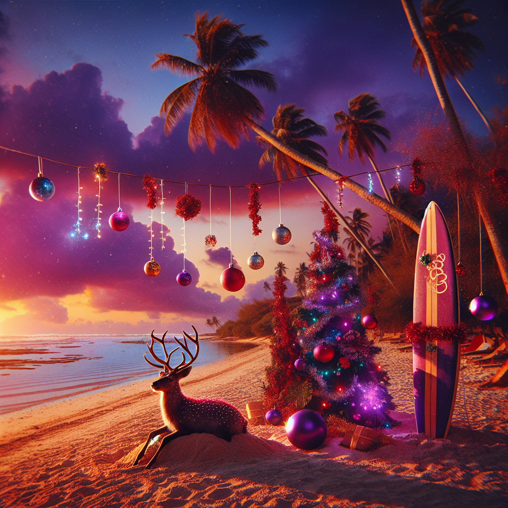 A vibrant Christmas scene depicts an African beach at sunset. Festive baubles and tinsel adorn scattered coconut trees, while a reindeer playfully lounges on the shore. A surfboard stands upright in the sand, with 'Ray' etched onto it in a bold, festive font, capturing the unique holiday spirit.
Generated with these themes: Africa, and Beach.
Made with ❤️ by AI.