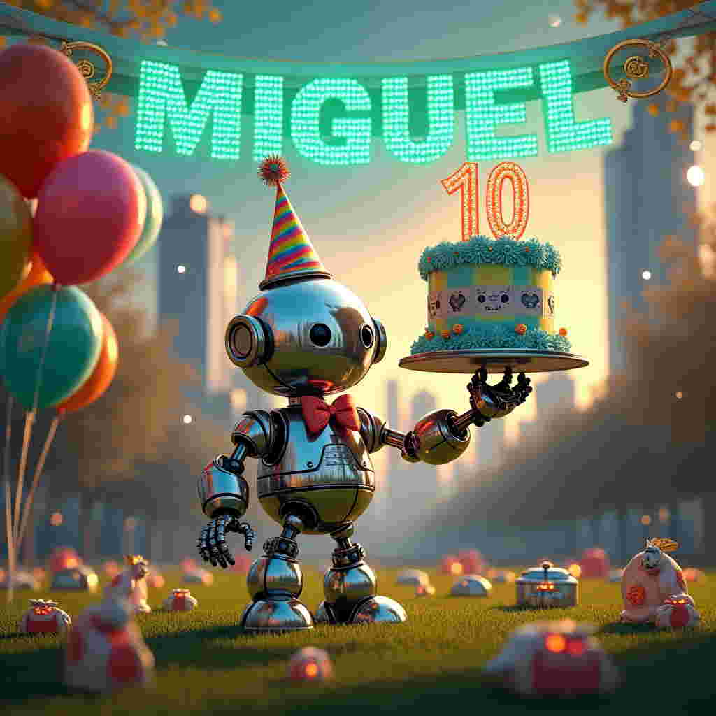 The front cover of the birthday greeting card showcases a bustling birthday party set in a futuristic park. Dominating the scene is a gleaming silver robot standing proudly at the center of the festivities. This robot is decked out in party gear, with a vibrant multicolored party hat perched atop its head and a bright, sparkling bow tie around its neck.

In its articulated metal hands, the robot holds a towering birthday cake. The cake is intricately detailed with lifelike textures of fondant and icing. It's decorated in shades of electric blue and neon green, with tiny edible gears and circuit patterns embossed on the frosting. The number "10" crafted from glowing LED candles stands atop the cake, emitting a soft light.

To the left of the robot, there's a cluster of colorful balloons floating upward. These balloons come in metallic hues of red, gold, and silver, reflecting the surrounding light in a realistic manner. Each balloon has tiny illustrations of circuit boards and gears printed on them.

Above the scene, a vivid sky transitions from a sunset orange to deep indigo, speckled with twinkling stars. Hanging across the sky, there’s a large, pixelated digital banner displaying the name "MIGUEL" in bright neon green, with a retro digital font, as if straight from an old arcade game.

In the background, futuristic skyscrapers with reflective glass facades frame the park, and robotic birds, with wings made of thin metallic sheets, glide through the air, casting soft shadows on the ground.

Scattered throughout the grass, small, high-tech gifts wrapped in shiny silver and blue paper are visible, each adorned with sleek metallic ribbons that catch the light.

This lifelike and detailed scene captures the essence of a birthday party celebrated in a high-tech, futuristic setting, blending the whimsical with the cutting-edge.
Generated with these themes: ROBOT.
Made with ❤️ by AI.