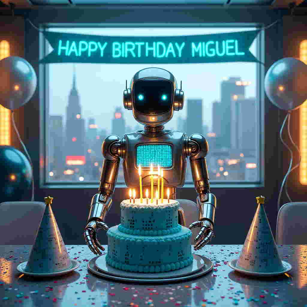 Front and center, a gleaming, chrome-finished robot stands at a table, its mechanical arms outstretched in the act of presenting a cake. The cake is a vibrant three-tier creation, each tier adorned with binary code patterns in electric blue frosting. Atop the cake, candle flames flicker like tiny holograms. 

The robot has a screen for a face, displaying an animated pixelated smile. Its eyes are made of LED lights, softly glowing in shades of green. The body of the robot is sleek, with articulated joints and panels that have a subtle sheen reflecting the light, giving it a hyper-realistic metallic texture.

The background is a lively party scene set in a futuristic room with metallic walls and transparent panels showing a city skyline outside, where flying cars and neon lights populate the sky. A large banner hangs across the top of the scene, made to look like digital ticker tape. The banner reads "HAPPY BIRTHDAY MIGUEL" in a font that mimics circuit board patterns.

On the table, besides the cake, are party hats designed to look like tiny satellites with antennas, scattered amidst plates of multicolored confetti that appear almost as vibrant pixels, enhancing the tech theme. Silver and blue balloons hover in the background, attached to the chairs, their surfaces reflecting the dynamic lights of the room. The floor is covered in a grid-like pattern, reminiscent of a motherboard, adding to the overall futuristic tech ambiance.
Generated with these themes: ROBOT.
Made with ❤️ by AI.