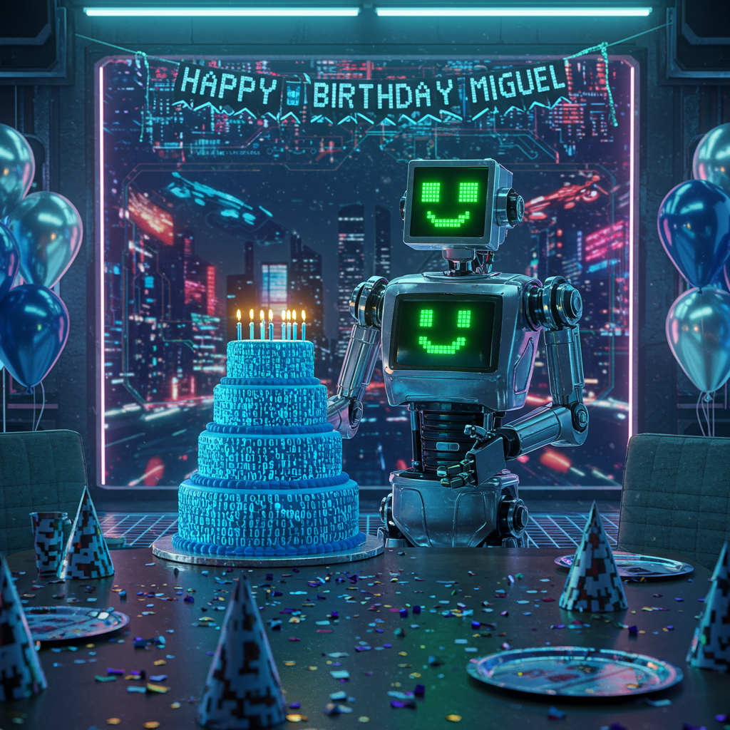 Front and center, a gleaming, chrome-finished robot stands at a table, its mechanical arms outstretched in the act of presenting a cake. The cake is a vibrant three-tier creation, each tier adorned with binary code patterns in electric blue frosting. Atop the cake, candle flames flicker like tiny holograms. 

The robot has a screen for a face, displaying an animated pixelated smile. Its eyes are made of LED lights, softly glowing in shades of green. The body of the robot is sleek, with articulated joints and panels that have a subtle sheen reflecting the light, giving it a hyper-realistic metallic texture.

The background is a lively party scene set in a futuristic room with metallic walls and transparent panels showing a city skyline outside, where flying cars and neon lights populate the sky. A large banner hangs across the top of the scene, made to look like digital ticker tape. The banner reads "HAPPY BIRTHDAY MIGUEL" in a font that mimics circuit board patterns.

On the table, besides the cake, are party hats designed to look like tiny satellites with antennas, scattered amidst plates of multicolored confetti that appear almost as vibrant pixels, enhancing the tech theme. Silver and blue balloons hover in the background, attached to the chairs, their surfaces reflecting the dynamic lights of the room. The floor is covered in a grid-like pattern, reminiscent of a motherboard, adding to the overall futuristic tech ambiance.
Generated with these themes: ROBOT.
Made with ❤️ by AI.