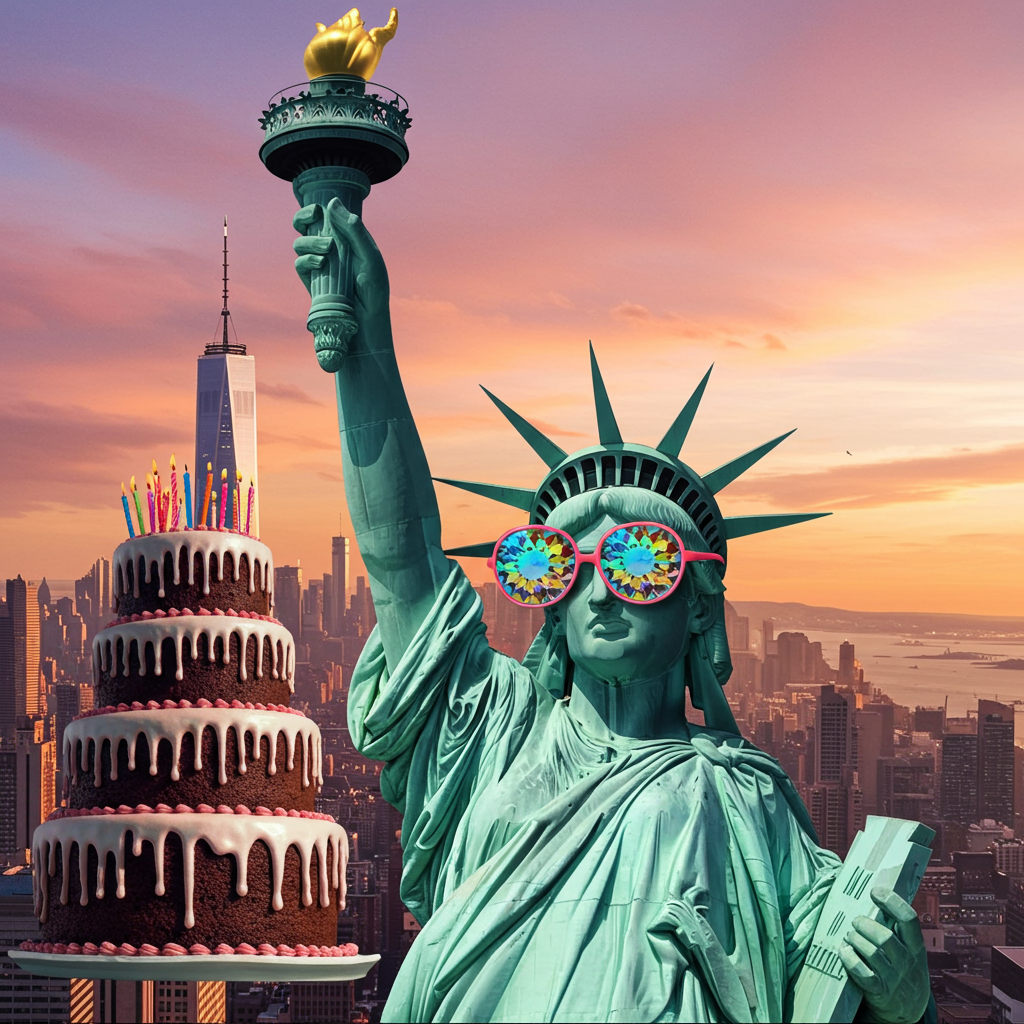 **Prompt for Image Creation:**

Create an otherworldly, surreal image featuring a close-up of the Statue of Liberty wearing funky, oversized sunglasses with kaleidoscope lenses. Instead of holding a torch, she is proudly gripping a towering, 3-tier birthday cake. The cake is whimsically adorned with melting candles and is slightly leaning, defying gravity in a dreamlike manner. 

The backdrop is a warped cityscape, with bending skyscrapers and a swirling sky, blending shades of pink and orange reminiscent of a melting sunset. The scene is illuminated by an ethereal light, casting peculiar shadows.

In the corner, add a cheeky caption in bold, playful font: "Liberty to Celebrate... and Cake, Too! 🎂".
Generated with these themes: Close up of the statue of liberty wearing sunglasses and holding a 3-tier birthday cake instead of a torch, and .
Made with ❤️ by AI.