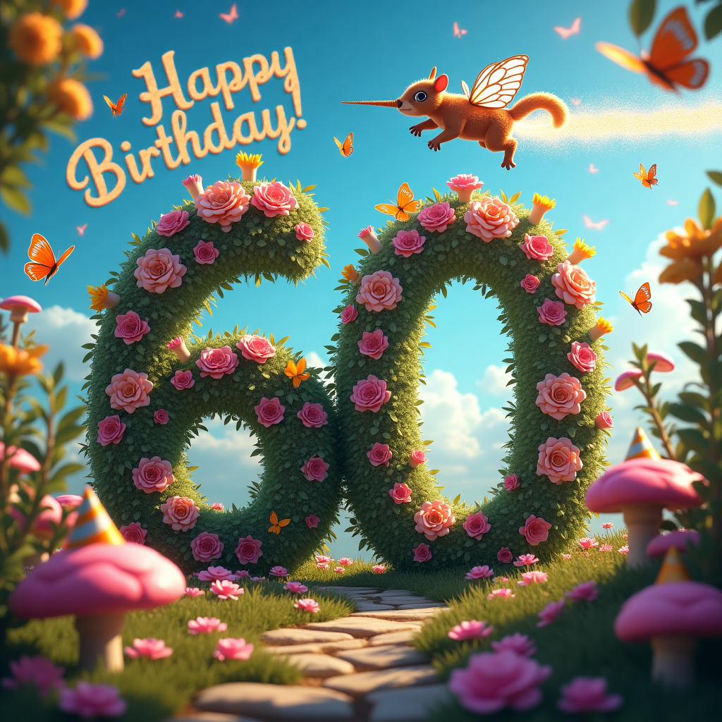 **Prompt:**

A hyper-realistic, humorous birthday scene set in a lush, whimsical fantasy garden bursting with oversized, colorful flowers and glowing mushrooms. Butterflies—each wearing tiny party hats—flit comically around a giant, living number "60" made entirely of twisting vines, blooming roses, and glittering fairy lights. In the bright blue sky, a magical creature that looks like a cross between a unicorn and a jet-powered squirrel zips through the clouds, leaving behind a sparkling contrail that spells out “Happy Birthday” in swirly cursive. One of the butterflies is holding a mini “Over the Hill?” protest sign. The overall image blends enchanting fantasy with a touch of birthday absurdity and light-hearted humor, rendered in the style of a high-definition, realistic photograph.
Generated with these themes: An enchanting illustration shows a fantasy garden with butterflies fluttering around a floral '60'. The 'Happy Birthday' message appears in the sky, written by the trail of a magical creature zooming through the clouds.  Generated with these themes: 60th ..
Made with ❤️ by AI.
