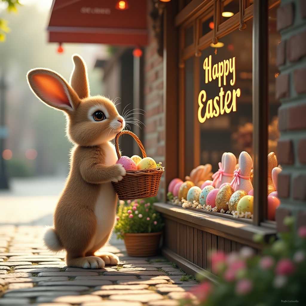 **Prompt:**  
A heartwarming, realistic photograph capturing a charming brown and white Easter bunny with oversized ears and big sparkling eyes standing on its hind legs. The bunny is holding a wicker basket filled with colorful Easter eggs and is gazing longingly through the bay window of an old-fashioned chocolate shop. The shop's wooden sign reads "Happy Easter" in elegant, vintage lettering, and the window display is bursting with ornate foil-wrapped eggs, chocolate bunnies, and pastel ribbons. The setting is bathed in soft, golden morning light, with cobblestone streets and spring flowers adding to the cozy, whimsical atmosphere. The overall mood is irresistibly cute and nostalgic — the perfect celebration of Easter magic.
Generated with these themes: Brown and white cute Easter bunny with big eyes and big ears, Old fashioned chocolate shop with bay window full of Easter eggs, Happy Easter written on shop, Easter bunny holding a basket looking in the window of the chocolate shop, and .
Made with ❤️ by AI.