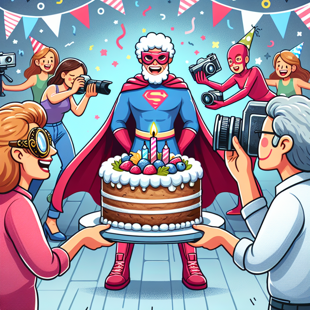 Illustration of a birthday party scene where the celebrant is handed a camera-shaped cake, with Spiderman and Gwen in the background taking photos and filming the event through old-fashioned glasses.
Generated with these interests: Photography, camera, filming, Spectacles, glasses, and Spiderman and gwen.
Made with ❤️ by AI.