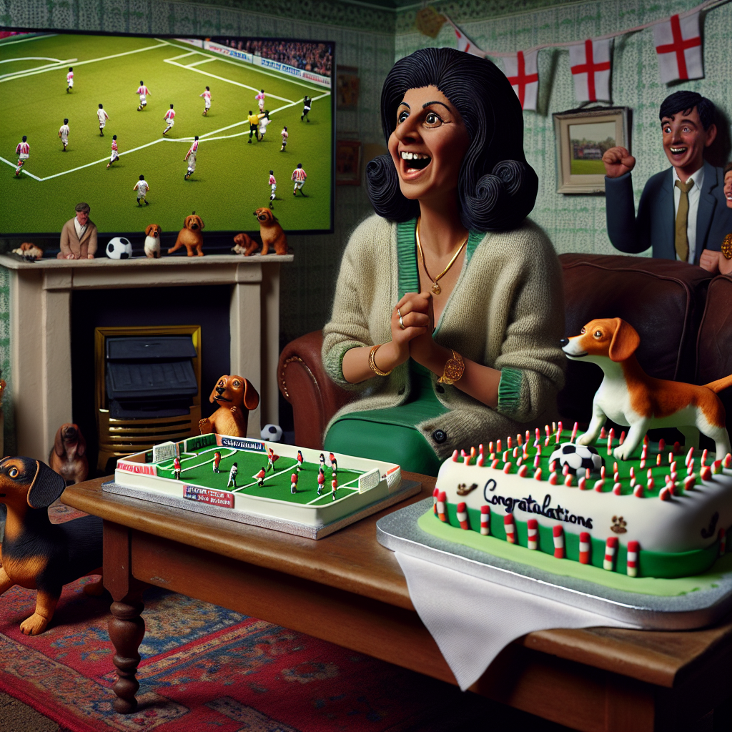 In a small cozy living room in England, mirth and joyous sounds resonate as a group of friends gather together. At the heart of the room, a South Asian woman beams with pride and accomplishment. The decor is charmingly lifelike, featuring tiny ornaments of sausage dogs prancing about the mantelpiece and a pudgy black cat with vibrant yellow eyes curiously observing from the couch. A football match involving an anonymous English football team is displayed on the television in the background, contributing to the merry ambiance. Set on the table is a cake designed to resemble a football pitch, adorned with a 'Congratulations' banner, offering a perfect merge of festivity and fanciful delight.
Generated with these themes: Football Manchester City Sausage dogs fat black cats with yellow eyes England .
Made with ❤️ by AI.