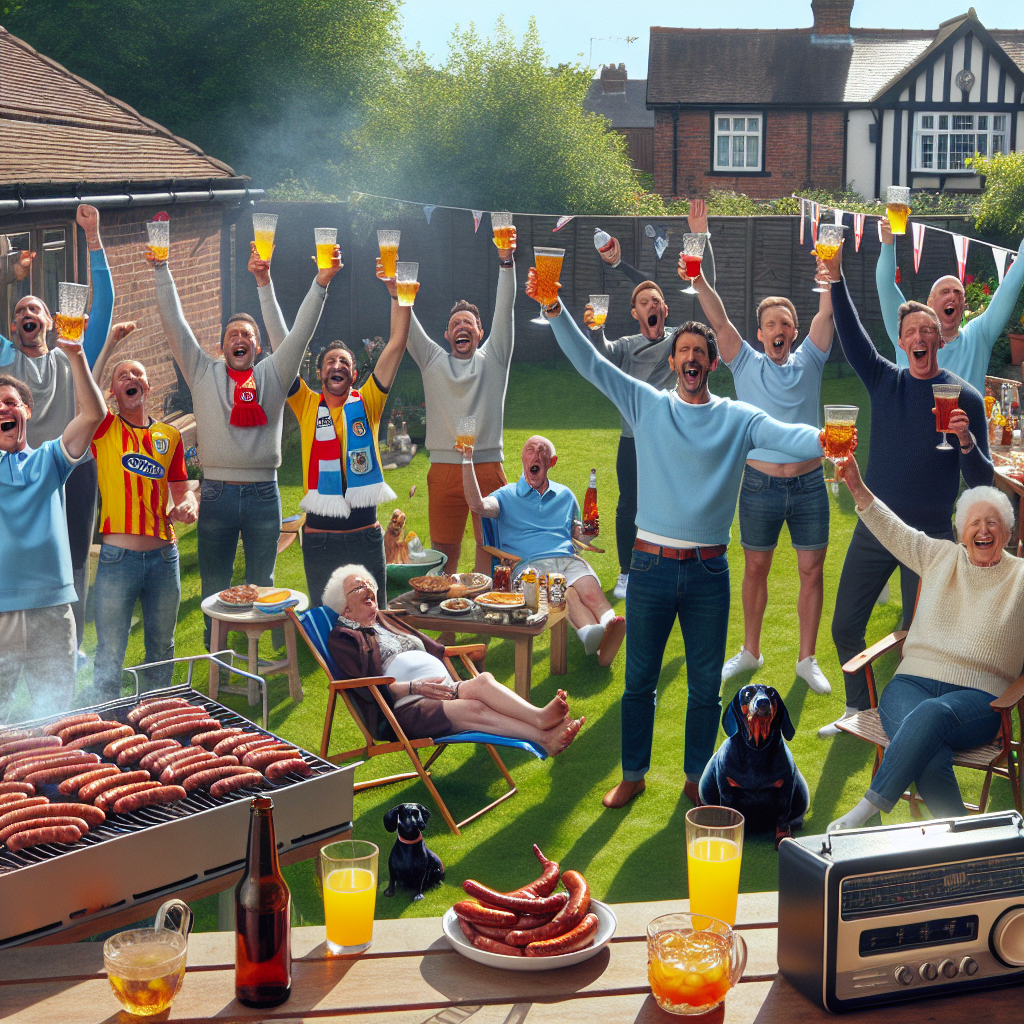 Picture a backyard bathed in sun in England, buzzing with the smells of grilled sausages and a sweet sense of victory in the air. The sounds of enthusiastic conversation and blissful cheers fill the air, as a diverse group of friends made of both males and females of different descents such as Caucasian, Hispanic, and Middle-Eastern lift their glasses high in celebration of one's achievement. The surroundings are peppered with playful details, such as a collection of dachshund figurines stationed near a punch bowl and a rotund, jet black cat with striking yellow eyes, slumbering on the grass in a semblance of a football goalkeeper. An old-school radio nearby emits the soft sounds of a Manchester City game, adding a layer of localized pride to the jovial congregation.
Generated with these themes: Football Manchester City Sausage dogs fat black cats with yellow eyes England .
Made with ❤️ by AI.