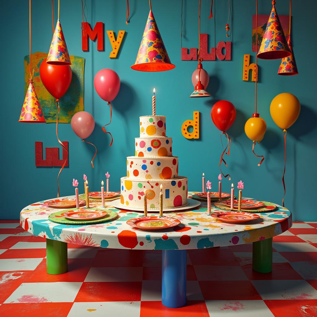 A detailed and concrete scene for a birthday theme involves a room filled with a chaotic blend of abstract art elements. The centerpiece is a large, circular table, intentionally off-center, with legs painted in bright, primary colors that seem to sink slightly into the pliable checkered floor. A vibrantly patterned tablecloth—splashed with blobs and swirls a la Pollock—covers the surface. Placed squarely in the middle of the table is a multi-tiered cake, its layers slanting precariously to one side. Each layer sports a different texture; one appears sponge-painted, the next resembles thick, cracked clay, and the topmost has the gloss and ripples of blown glass. Upon this cake, the candles are unusually shaped, some spiraling, some cubic, each casting a long, sharp shadow. Around the cake are plates with abstract designs, and utensils with handles twisted into Möbius strips. In the background 'My friend' is spelled out in blocky, 3-dimensional letters suspended from the ceiling by thin cables, each letter sporting a different wild pattern. On the walls are paintings of defamiliarized birthday motifs—balloons morphed into bizarre shapes, and party hats elongated to extreme heights, casting long, labyrinthine shadows across the floor. The room lighting is provided by pendant lamps that dangle at varying lengths, their inner surfaces painted like kaleidoscopes, throwing a wild array of colors onto the scene.
Generated with these themes: My friend .
Made with ❤️ by AI.