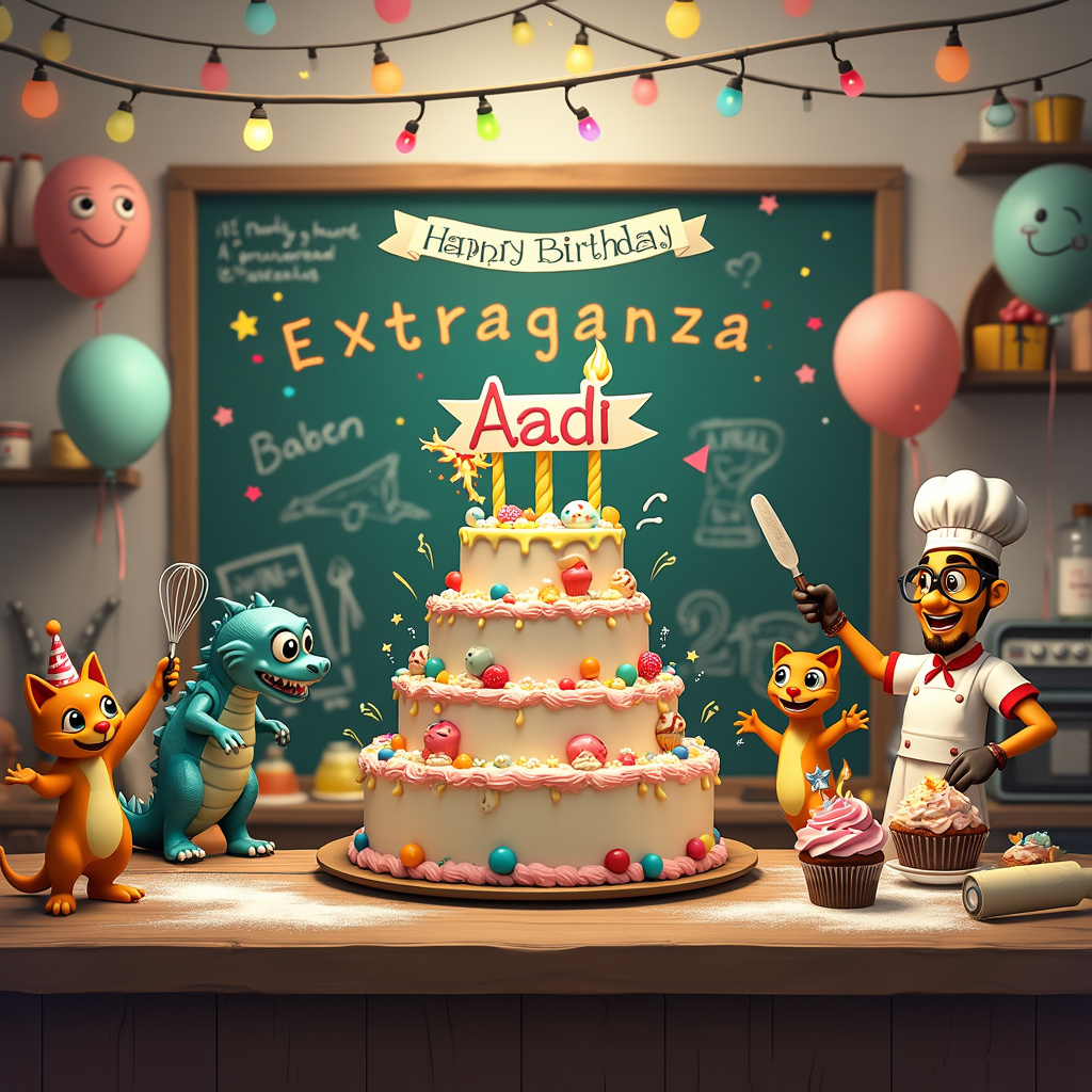 Imagine a bustling bakery kitchen, mid-celebration. The focal point of the scene is a larger-than-life birthday cake in the center of a rustic wooden table. This cake is multi-tiered, each layer decorated with vibrant frosting and quirky designs – think edible robots, dinosaurs, and stars. At the top, a fondant banner spells out “Happy Birthday Aadi” in playful, colorful letters. To the left of the cake, a mischievous orange tabby cat is batting at a dangling piece of ribbon, while on the right, a mini fire-breathing dragon (wearing a party hat) is attempting to light the candles with its flames.

Around the cake, a group of animated kitchen utensils - a whisk with a googly-eyed face, a spatula wearing glasses, and a rolling pin with a top hat - are dancing and celebrating. Hanging from the ceiling are strings of fairy lights intertwined with streamers and balloons in various shapes – stars, hearts, and even a balloon shaped like a rocket ship. The background wall is a chalkboard with doodles of birthday-themed items and the words “Bake-a-thon Extravaganza for Aadi” scribbled in the center.

On one side of the table, a vintage radio with anthropomorphic features is playing music, and a small group of cupcakes with smiling faces are gathered around it, swaying to the beat. Aadi’s name is woven into the details everywhere: it’s on the chef’s hat of a cartoonish baker figure who’s sprinkling confetti, it’s on the label of a jar of sprinkles, and it’s even written in the flour dusted across the countertop.

Every inch of the scene is filled with whimsical details and birthday cheer, all centered around the joy of celebrating Aadi's special day.
Generated with these themes: Happy birthday Aadi... .
Made with ❤️ by AI.
