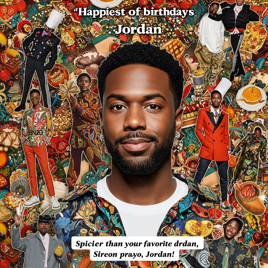 ### Prompt for Image

At the top of the Photorealistic picture taken from a camera image, the text reads: "Happiest of birthdays Jordan"

### Visual Description

Picture a vibrant, playful scene bursting with energy and color, perfect for a birthday greeting card celebrating an extroverted friend who loves being the center of attention. The backdrop is an eye-popping pop-art style collage featuring a dramatic pattern that mixes bold, colorful Kenzo prints with elegant touches of glitter and sparkle. Amongst these lively patterns are cutouts of iconic fashion poses that capture the essence of Jordan in his most memorable outfits, including his Kenzo jumpers and Vivienne Westwood boots.

Central to the image is a stylized portrait of Jordan, posed as if he's striking a charismatic pose on a catwalk, captured in ultra-high-definition 4K quality with lifelike textures and rich depth of field. His expression is playful and confident, exuding the charisma of someone who is indeed the "main character" of every room. To enhance the food-loving theme, subtle elements like small, whimsical icons of gourmet dishes and food items weave into the pattern around him, adding a humorous twist.

### Additional Text Suggestion

At the bottom corner of the image, a cheeky caption reads: "Spicier than your favorite dish, Jordan!"
Generated with these themes: Can you help me make a card for my vibrant friend he is an extrovert and his favourite subject is himself he wears kenzo jumpers and Vivienne Westwood boots he loves to est out does drag every now and then and is a massive foodie pictures of him attached , Front of the Card (visual suggestion): Bright colours, glitter accents, maybe a dramatic food-themed pattern or a pop-art collage of them in their most iconic looks. One of the images you sent could be stylised into a cover shot.  Text for the Front: 🎭✨ To the Main Character of Every Room... ✨🍽️ (Living louder than a Kenzo print on a Friday night!)  Inside the Card: Darling —  You are fashion, flavour, and full-volume fabulousness. From runway-ready boots to five-star bites, From high drag to higher drama, You don’t just live life — you devour it, season it, and serve it back hotter.  So here’s to YOU: The centre of attention, The connoisseur of all things delicious and dramatic, The icon in Vivienne Westwood heels, And the best table company a soul could wish for.  Stay loud. Stay lush. Stay legendary. 💋  With all the love and admiration, [Your Name], and .
Made with ❤️ by AI.