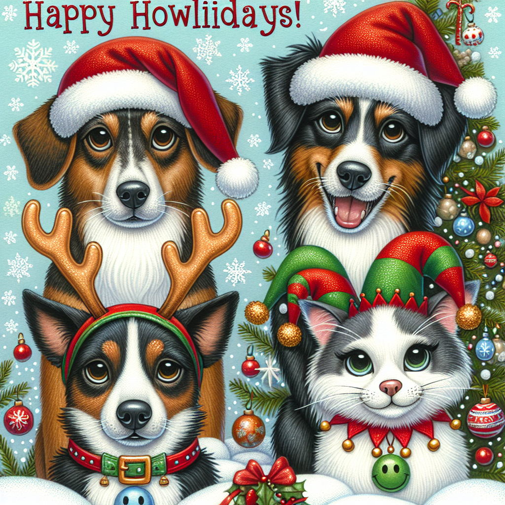 A whimsical Christmas illustration features two brown and white dogs wearing red Santa hats and one blue Merle dog with antlers. A white dog with a green elf collar joins in the frolic. Two black cats with jingle bell collars are perched atop a decorated tree. Below the festive animals, the text 'Happy Howlidays!' is inscribed in cheerful, bold letters against a snowy background.
Generated with these themes: 2 Brown and white dog dogs, one blue Merle dog, one white dog, two black cats .
Made with ❤️ by AI.