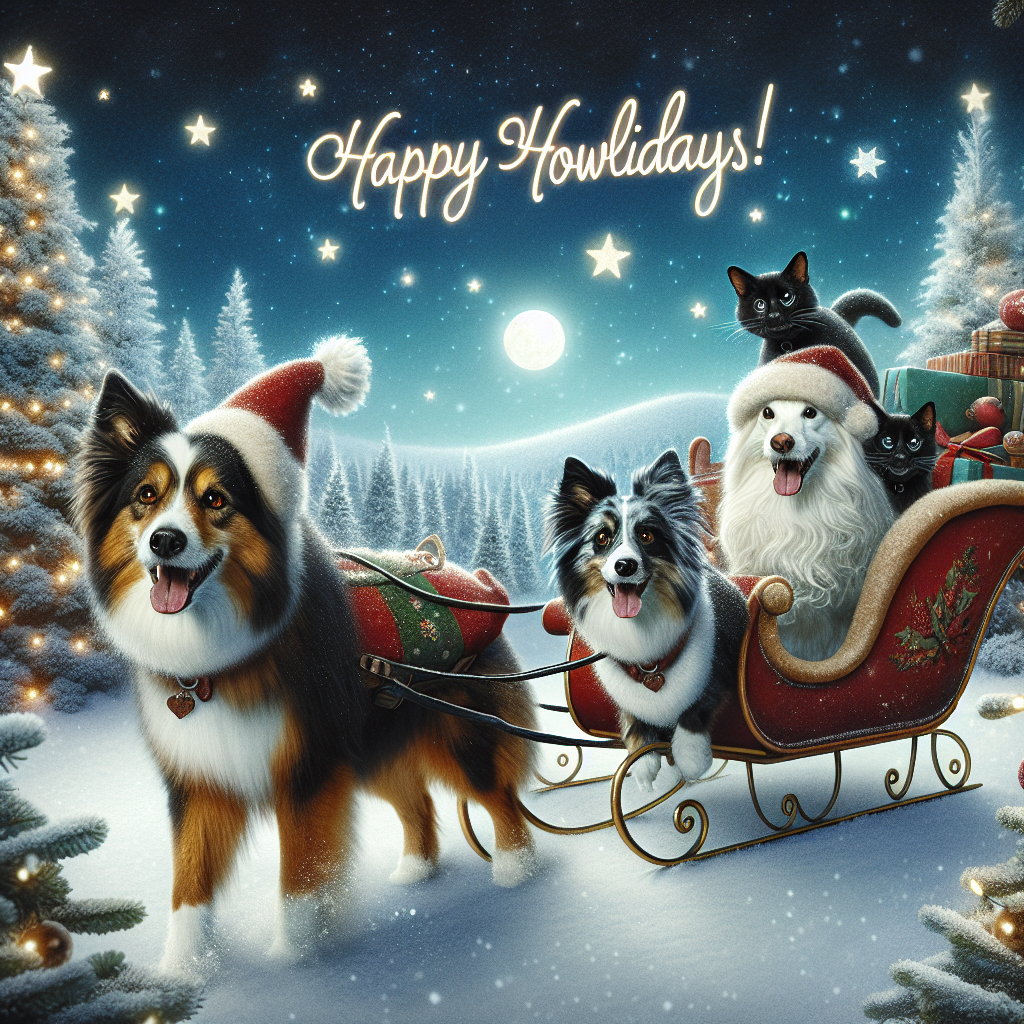 In this heartwarming scene, two brown and white dogs and a blue Merle dog pull a sleigh through a snowy landscape. A white dog plays the role of Santa Claus, complete with a tiny red hat and beard. Two mischievous black cats peek from inside a gift bag on the sleigh. Above this merry brigade, 'Happy Howlidays!' is written in the sky with stars.
Generated with these themes: 2 Brown and white dog dogs, one blue Merle dog, one white dog, two black cats .
Made with ❤️ by AI.