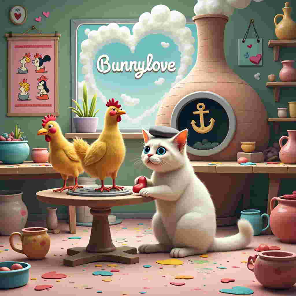 In a whimsical and bustling pottery studio, a charming and comical Valentine's Day scene unfolds. The studio is a kaleidoscope of colors, with splashes of clay and paint everywhere. At the center, a white Siamese cat with striking blue eyes, wearing a tiny artist's beret, is delicately sculpting a heart-shaped clay piece with its paws. On a nearby pottery wheel, an anchor is being crafted by a duo of lively chickens. The chickens, adorned with tiny red and pink bow ties, comically struggle to balance on the spinning wheel, feathers flying about. To the side, a giant kiln towers, and out of its chimney puffs a cloud that whimsically shapes the name "Bunnylove" in fluffy white letters, a nod to the special recipient. Strewn around the studio are an assortment of quirky pottery pieces, like heart-shaped mugs with chicken legs for handles, and vases shaped like anchors. The floor is a delightful mess of clay splatters and colorful paw prints, presumably left by the artistically inclined cat. On a wall, there's a valentine-themed poster of famous cartoon characters holding pottery classes, nodding to inspirations like Peanuts and Calvin and Hobbes. The entire scene is an exuberant celebration of creativity, chaos, and charm, each element crafted to tell a playful story that merges pottery, chickens, an anchor, and a cat with the joyful essence of Valentine's Day.
Generated with these themes: Pottery studio, Chickens, Anchor, and White siamese cat.
Made with ❤️ by AI.